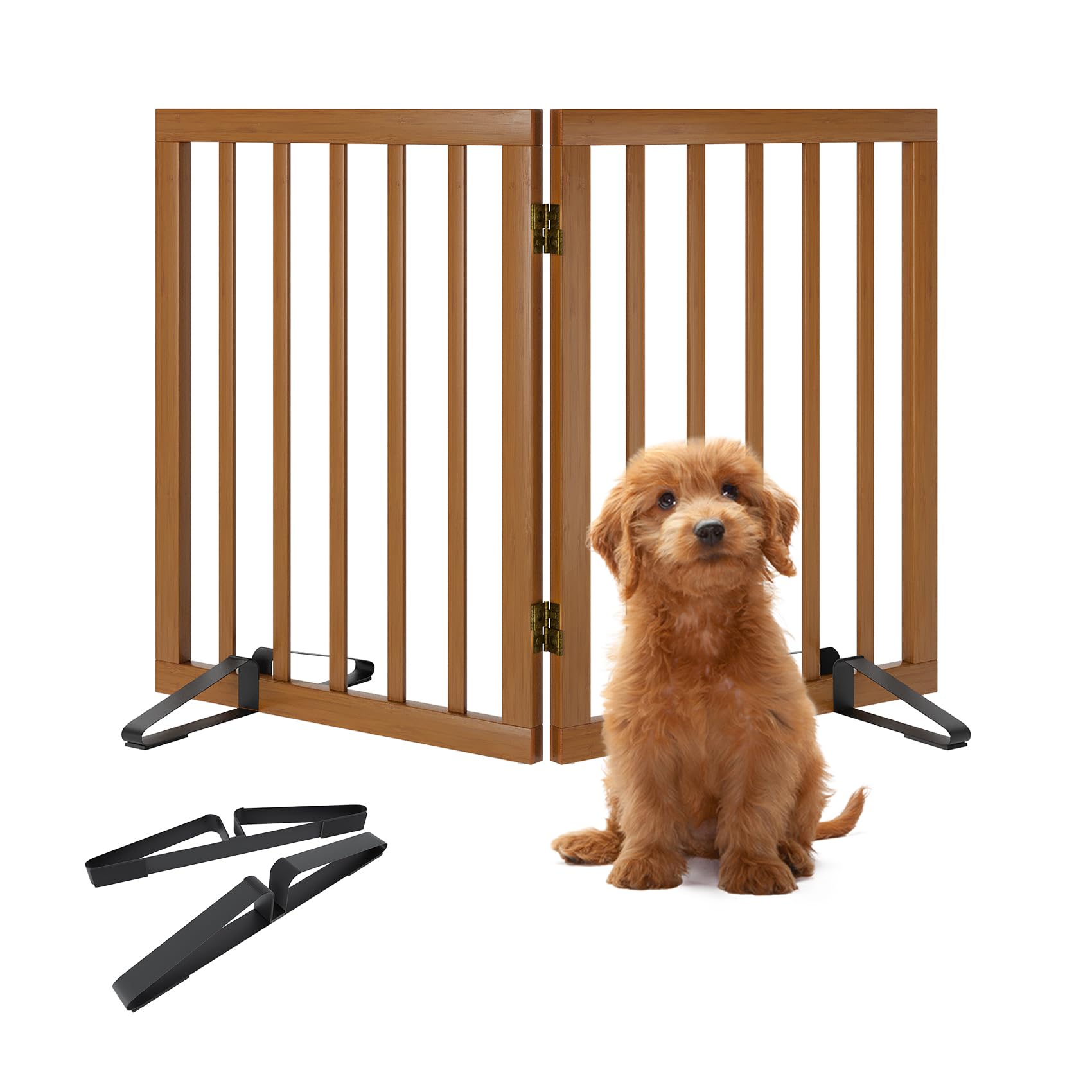 Freestanding Pet Gate Foldable Dog Gate,Walnut Bamboo Dog Gates for Stairs Doorways House Indoor (2 Support Feet Included) — view 9