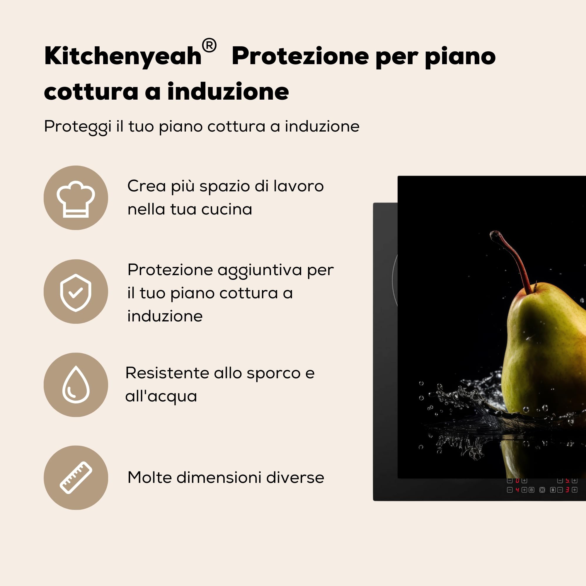 KitchenYeah© Copri Piano Cottura 59x52 cm Coprifornelli Tappetino per Induzione Fornello Tutto per la Cucina Pera - Frutta - Acqua - Nero