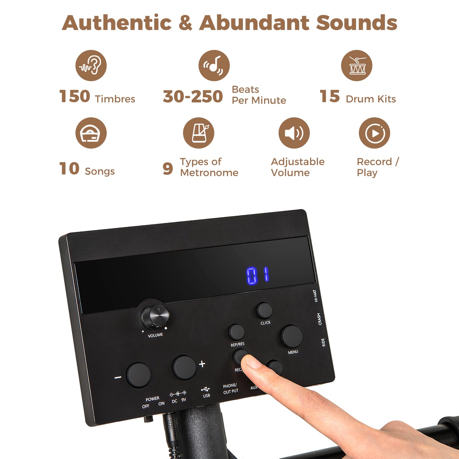 KOMFOTTEU Batería Electrónica con Pads, Batería Musical con 150 Sonidos, 10 Demostraciones, Platos de 24 cm, Instrumento Musical con Taburete Ajustable, Pedales, Baquetas y Auricular, USB MIDI