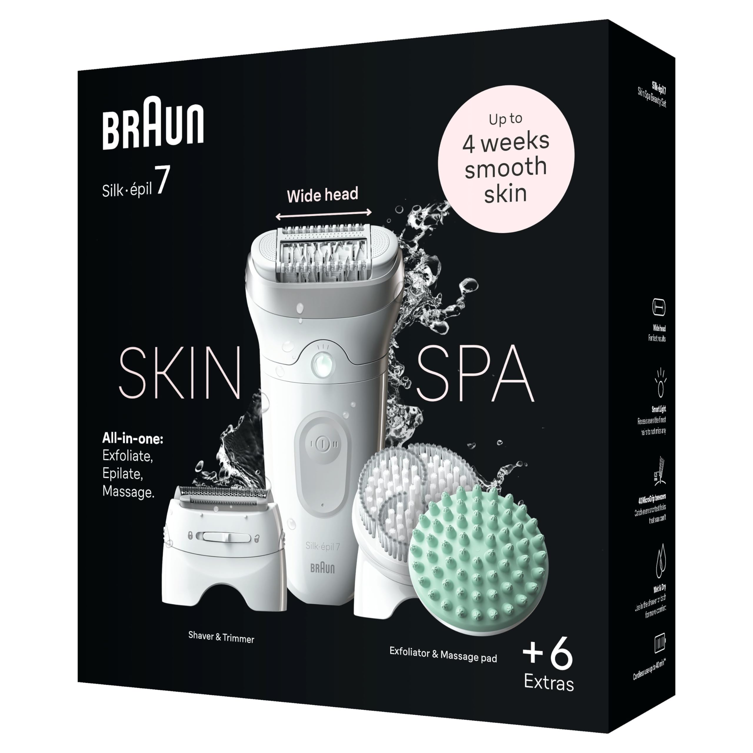 Braun Silk-épil 7 SkinSpa Depilatore Donna, Epilatore Elettrico Donna Con Testina Ampia Per Una Epilazione Facile, Wet & Dry, Pelle Liscia a Lungo, Kit Tutto-In-Uno, 7-081, Bianco/Argento - Vista 8