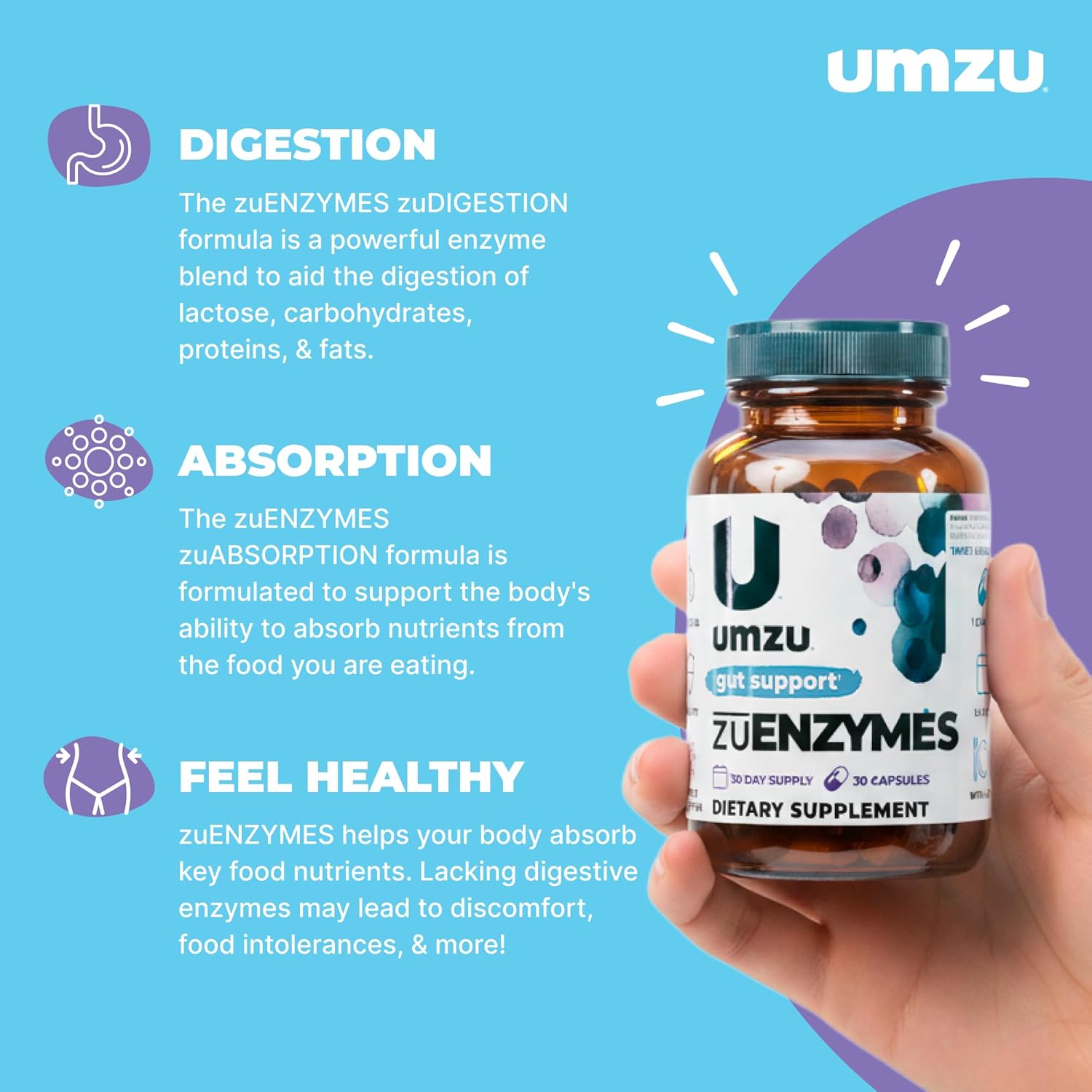 UMZU zuEnzymes Digestive Support Supplement, (30 Day Supply) – 21 Enzyme Blend with Lipase Protease & Amylase – Digestive Enzymes for Gut Health & Probiotic Daily Digestive Wellness Support Formula - Image 2