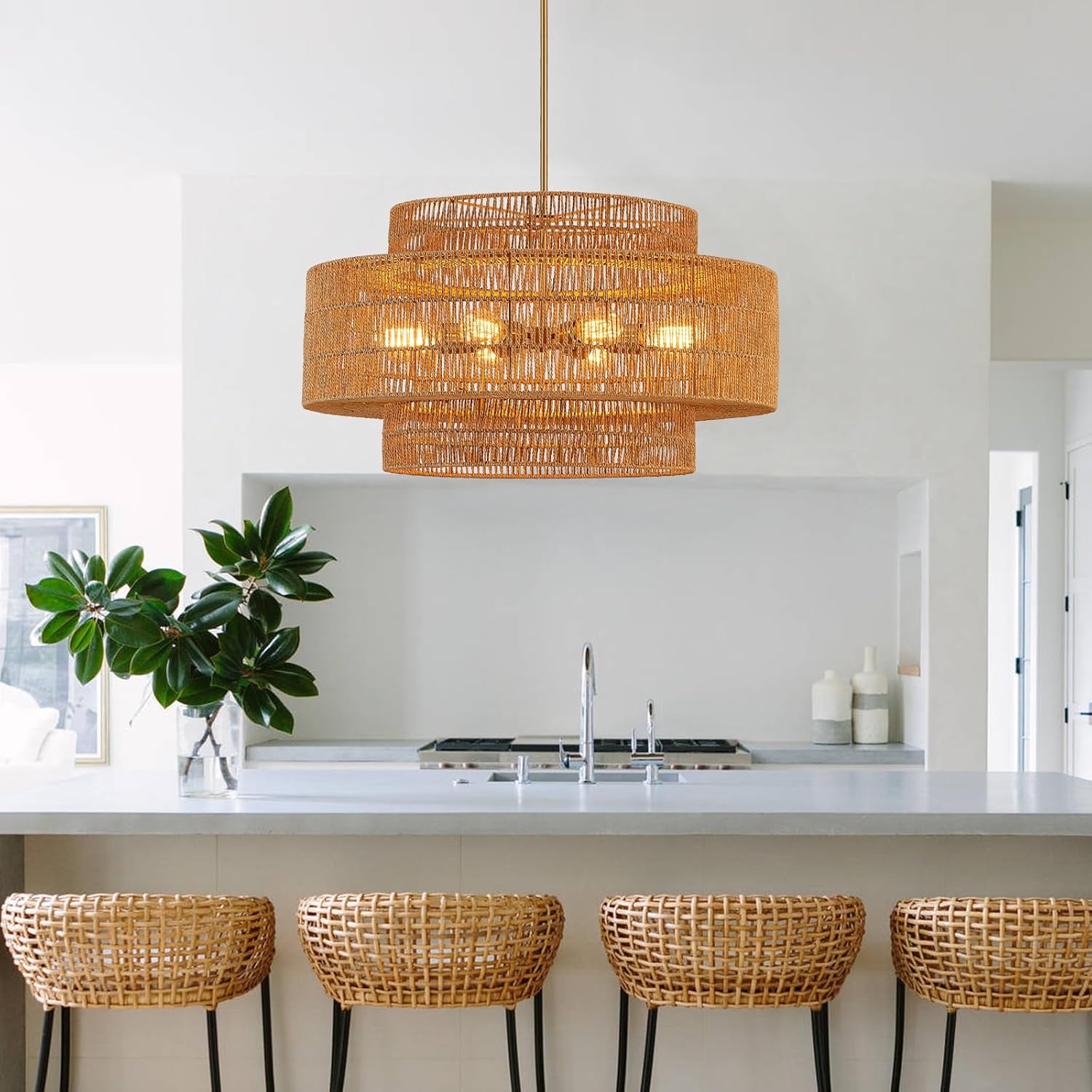 30" Large Boho Rattan Chandelier 8-Lights Farmhouse Hand-Woven Bamboo Chandelier Vintage Rustic Wicker Rattan Golden Chandeliers for Dining Room, Bedroom, Kitchen, Living Room