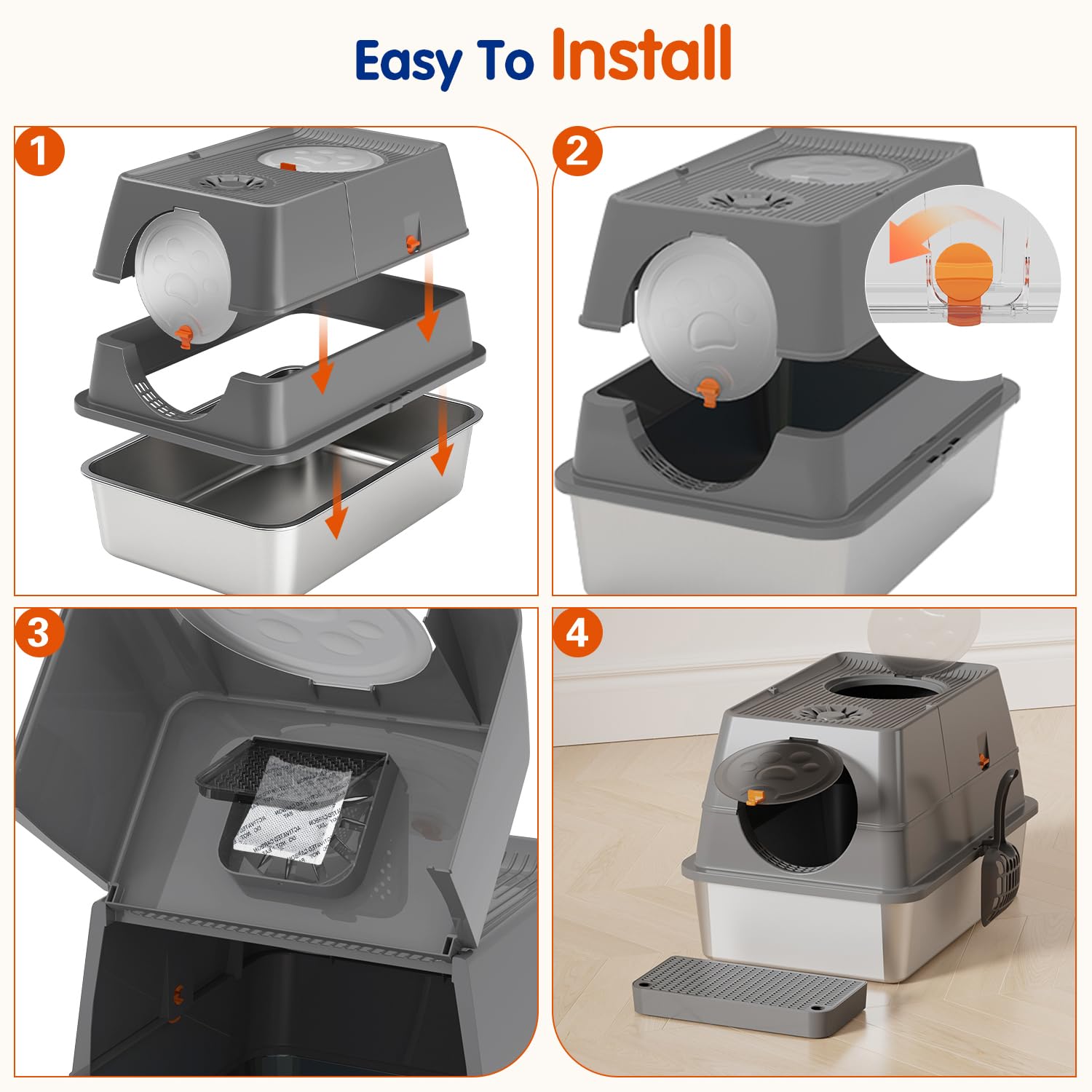 Citylife Stainless Steel Litter Box with Lid XL Large Enclosed Metal Box Anti-Leakagecat Litter Box Stainless Steel Includes Scoop, Mat, Odor Control Easy Cleaning, Dark Grey