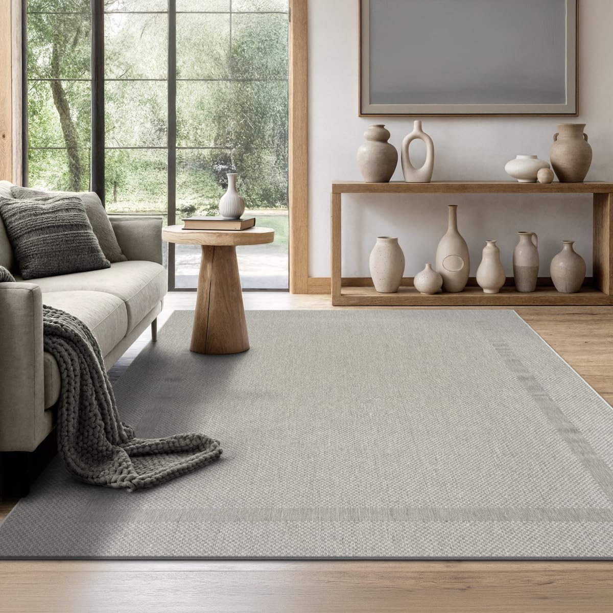 the carpet Mistra Heavy Duty Flat Weave Rugs Modern Design Ideal for Kitchen and Dining Room Trendy Colours Ultra Flat Outdoor Rug with Border Grey, 240 x 340 cm โ image 1