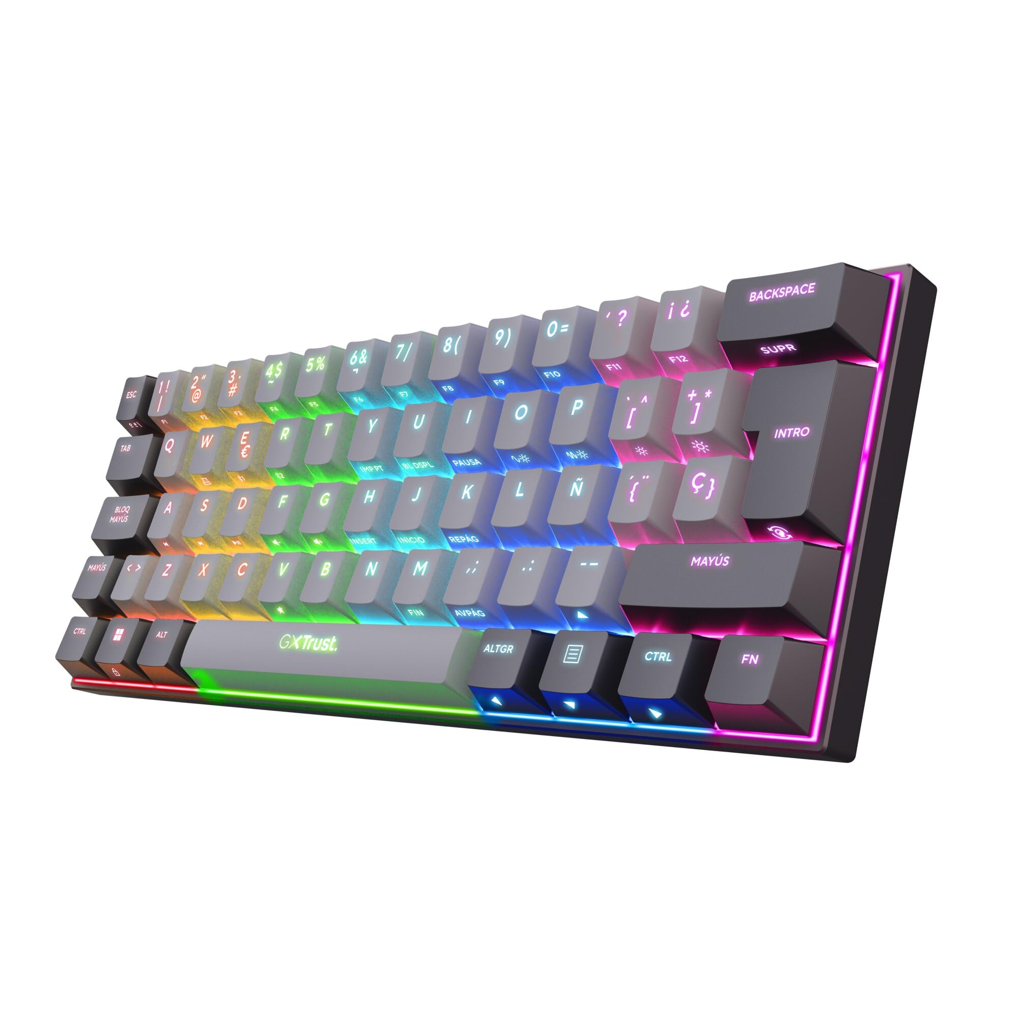 GXTrust 1873 Revyn Teclado Mecánico 60% Español QWERTY, Triple Modo Bluetooth/2.4GHz/USB, Iluminación RGB, 50 Horas de Juego, Teclado Gaming para Windows, Mac, PC, Ordenador, Portátil, Gris/Negro