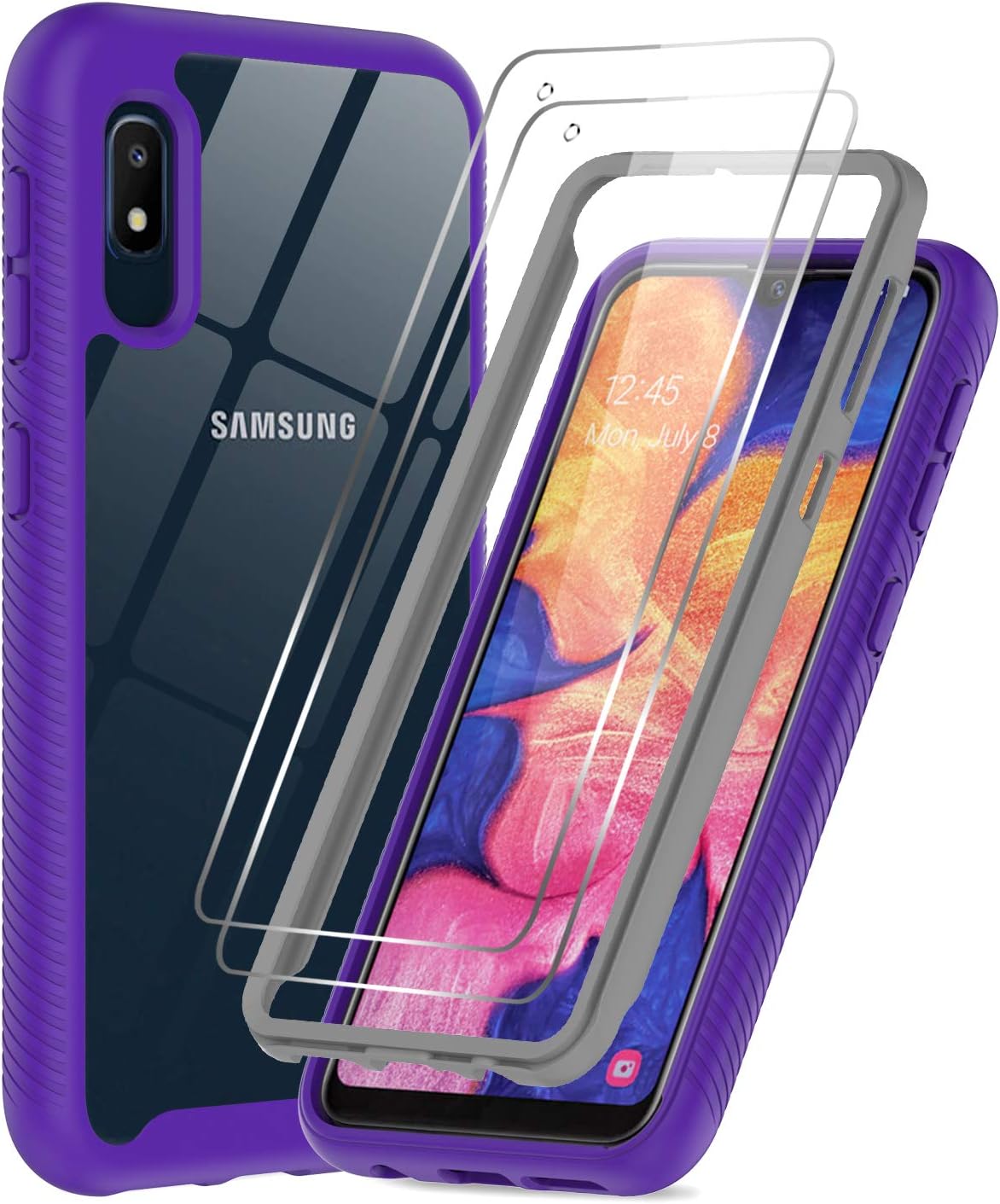 LeYi Compatible with Samsung A10e Case, Samsung Galaxy A10e Case with 2 Tempered Glass Screen Protector, Full Body Protective Hybrid Clear Bumper Shockproof Phone Cover Case for Galaxy A10e Purple