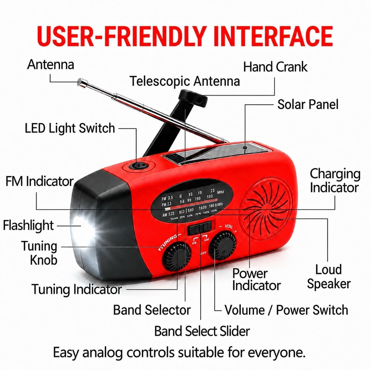 Radio Solaire Auto-alimentée 2000mAh AM/FM Portable à Manivelle Dynamo avec Lampe LED Alarme SOS Chargeur Téléphone Kit Survie Camping Rouge