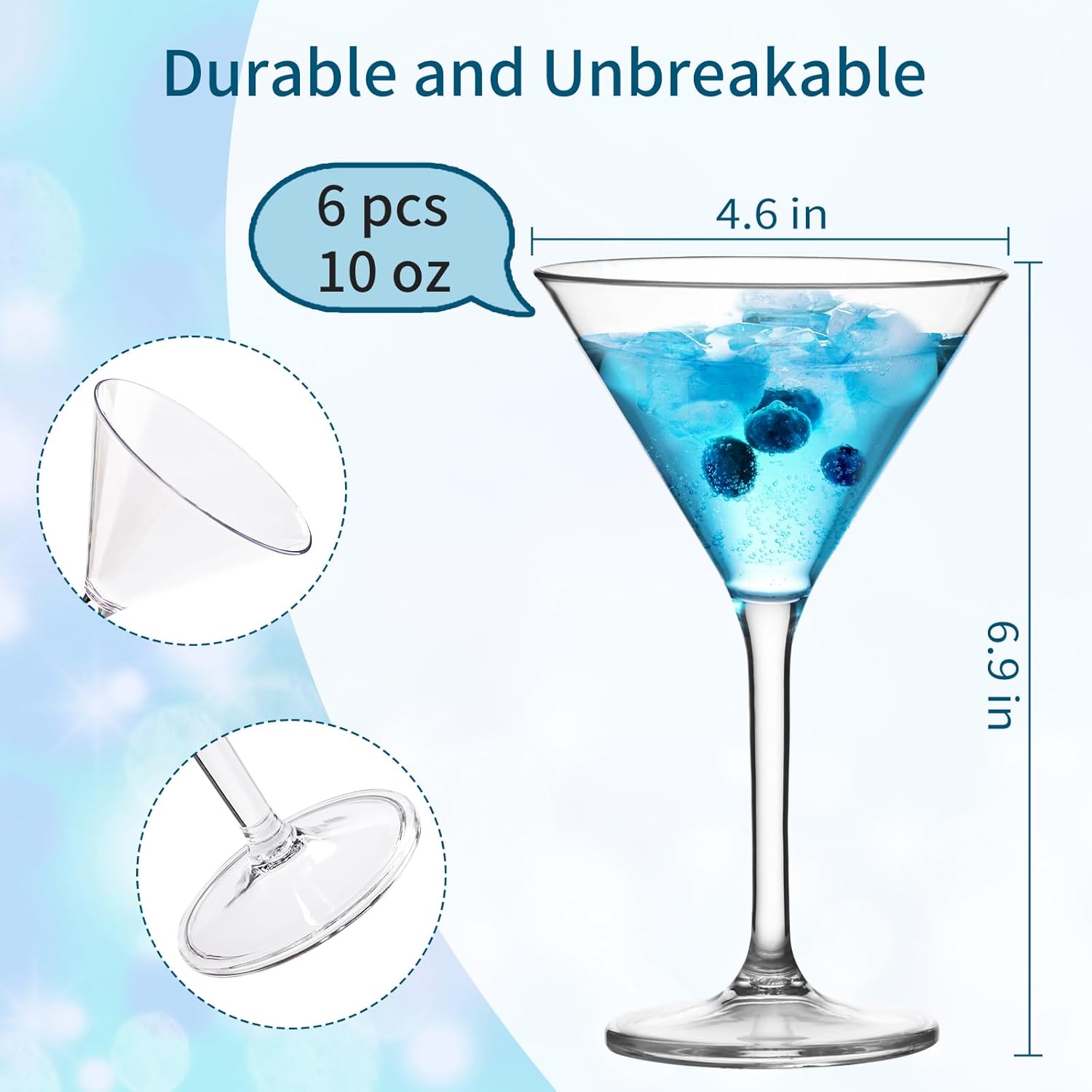 ZOMUIA Plastic Martini Glasses Set of 6, 10 oz Reusable Plastic Cocktail Glasses with Stem, Unbreakable Martini Glasses for Bar, Margarita, Whiskey, Tequila, Party, Poolside, Outdoors and More