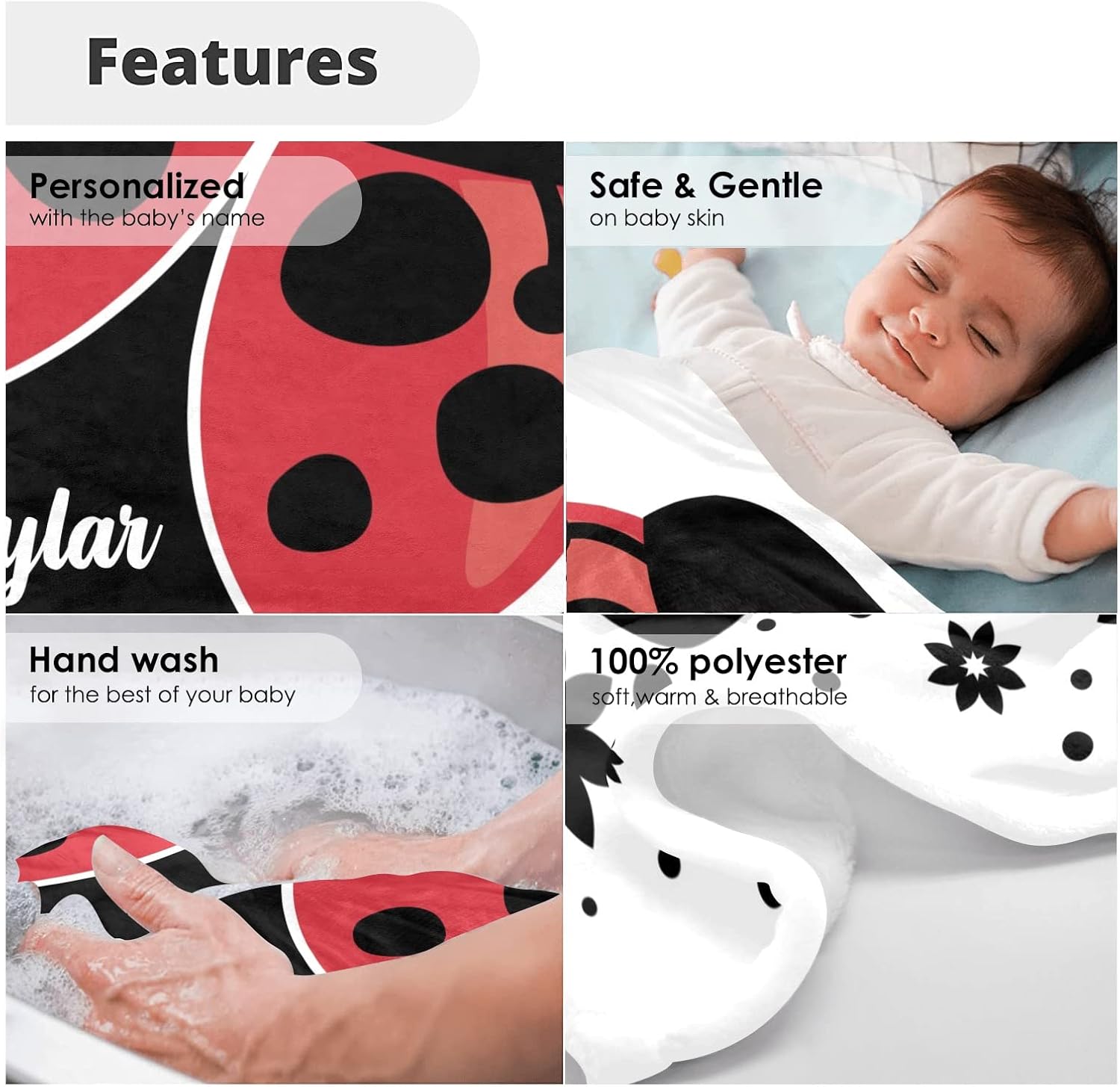 Ladybird Personalized Receiving Baby Blankets for Girls Boys Kids with Name,Customized Swaddle Blankets Gift for Newborn Crib Infants 30x40 Inches