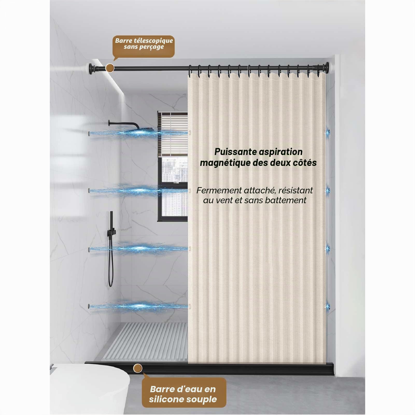 Rideau de Douche Pliable Aimantée, Beige, 120x180cm | Rideau de Douche Imperméable Anti Moisissure avec Crochets, Rideau de Douche Lin pour Salle de Bain