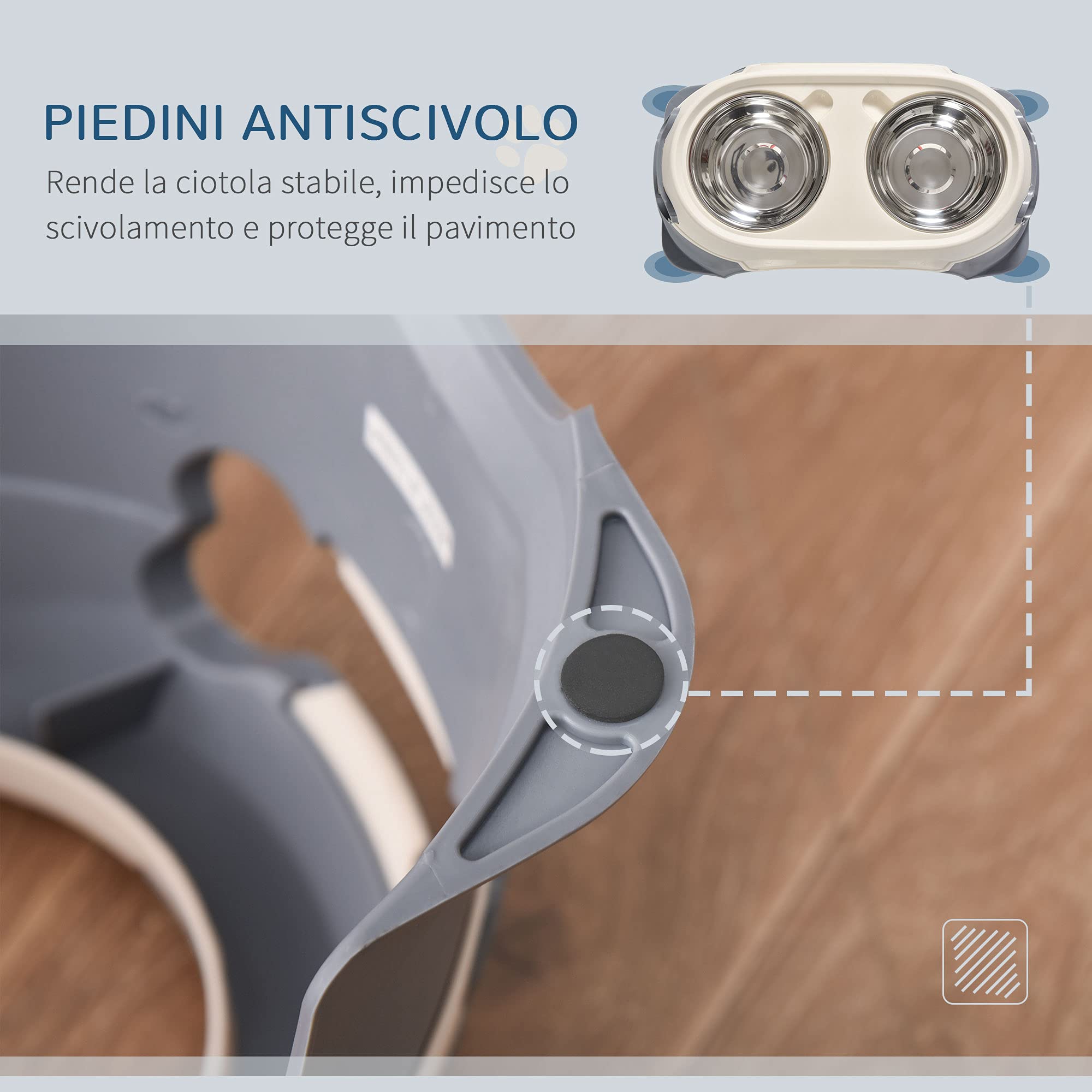 PawHut Doppia Ciotola per Cani Rialzata in Acciaio Inox e Plastica con Piedini Antiscivolo, 47x25x20cm, Bianco e Grigio
