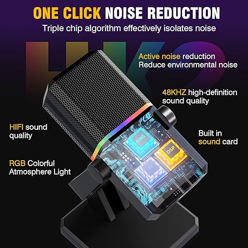 Miniatura 3 de Facmogu HK2 Micrófono para juegos, micrófono dinámico USB para juegos para PC, micrófono de transmisión de juegos de computadora con luz RGB, botón