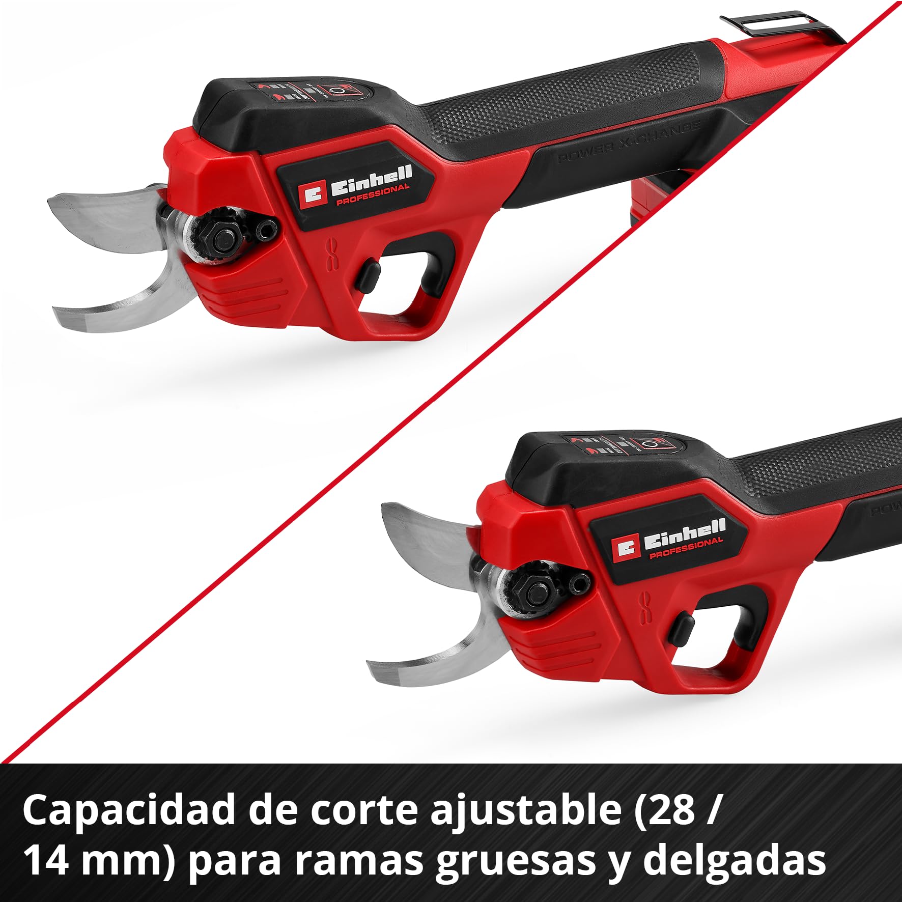 Tijeras de podar con batería GP-LS 18/28 Li BL-Solo Einhell Professional Power X-Change (18 V, capacidad de corte ajustable, ramas hasta 28 mm, cuchillas de derivación, clip de cinturón, sin batería)