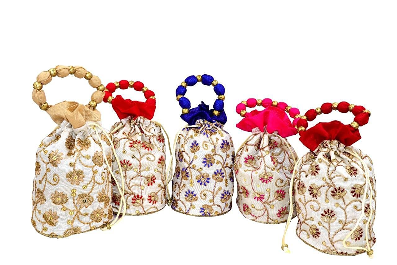 Christopher VASUDEV | Beautiful and Trendy Women, Jaipuri Material Potli Bag for Ladies, Girls, Flower Embroidery Work Potlis Blue