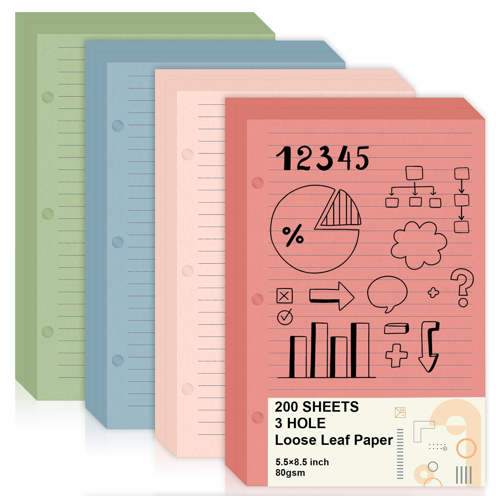 200 Sheets Mini Loose Leaf Paper 5.5 x 8.5 Mini Binder Paper 3 Ring Colored Lined Paper College Ruled 3 Hole Punched Lined Papers Small Notebook