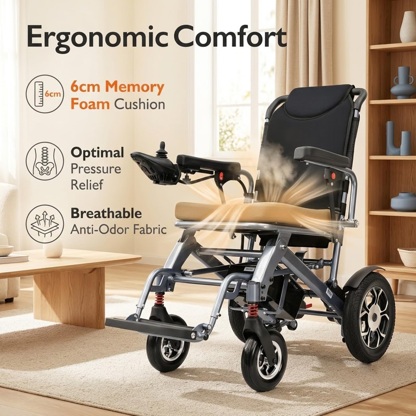 Silla de Ruedas Eléctrica Plegable Aluminio 500W 150kg Compacta | Doble Motor 500W, Plegable y Autoportante, Autonomía 25km, Carga 150kg, Cojín Memory, Freno Electromagnético
