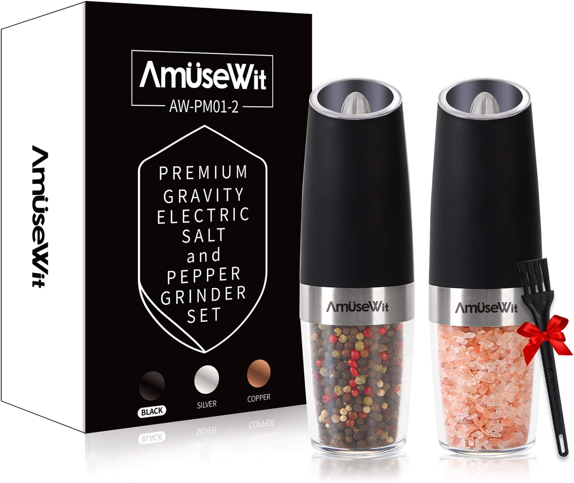 AmuseWit Gravity Electric Salt and Pepper Grinder Set of 2 [White Light] Battery Operated Automatic Pepper and Salt Mills with Light,Adjustable Coarseness,One Handed Operation,Black