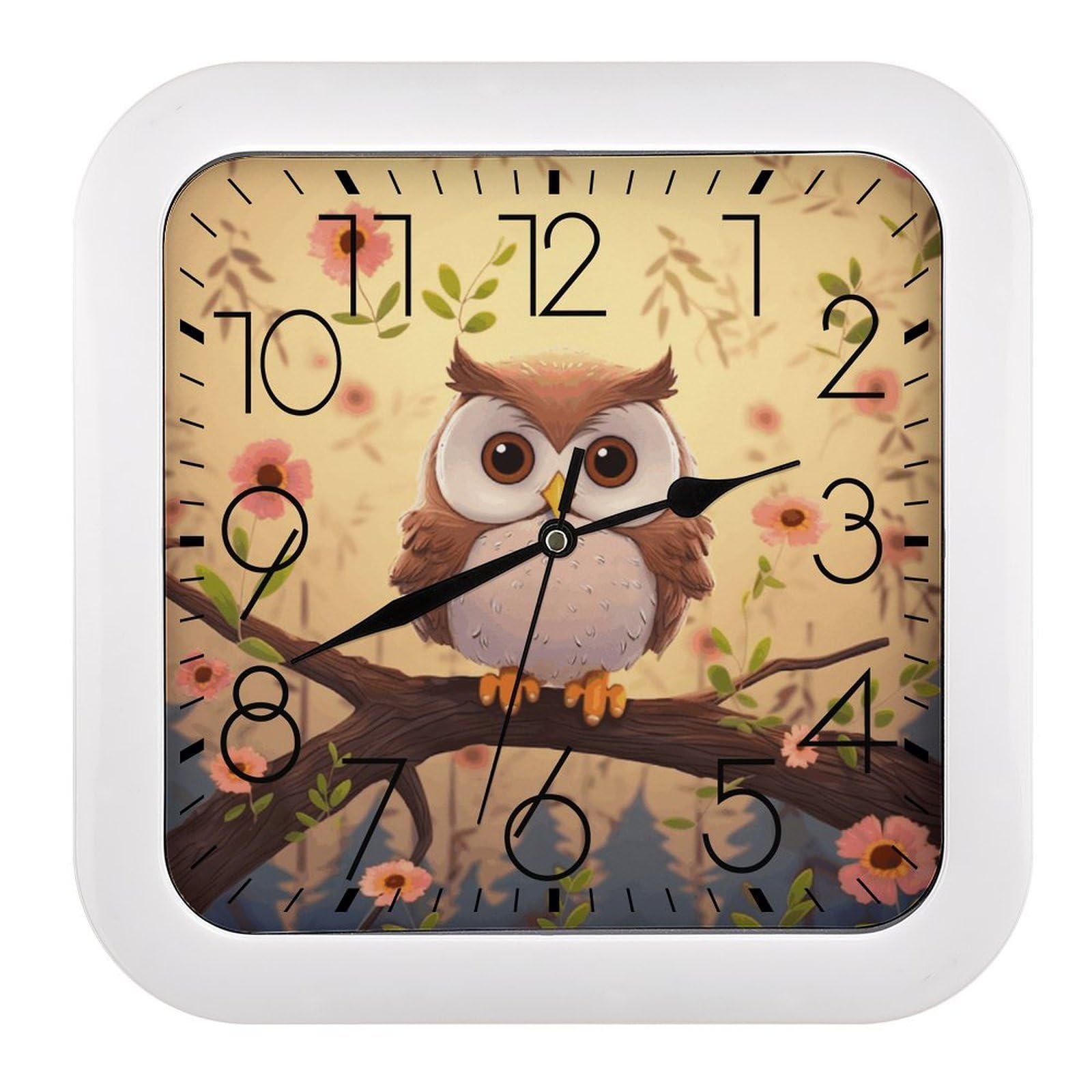 MUSM 10.2 X 10.2 Inch Modern Cute Owl Wall Clock Battery Operated High Accuracy Decorative Square Clocks for Kitchen Bedroom Living Room Home Office Porch