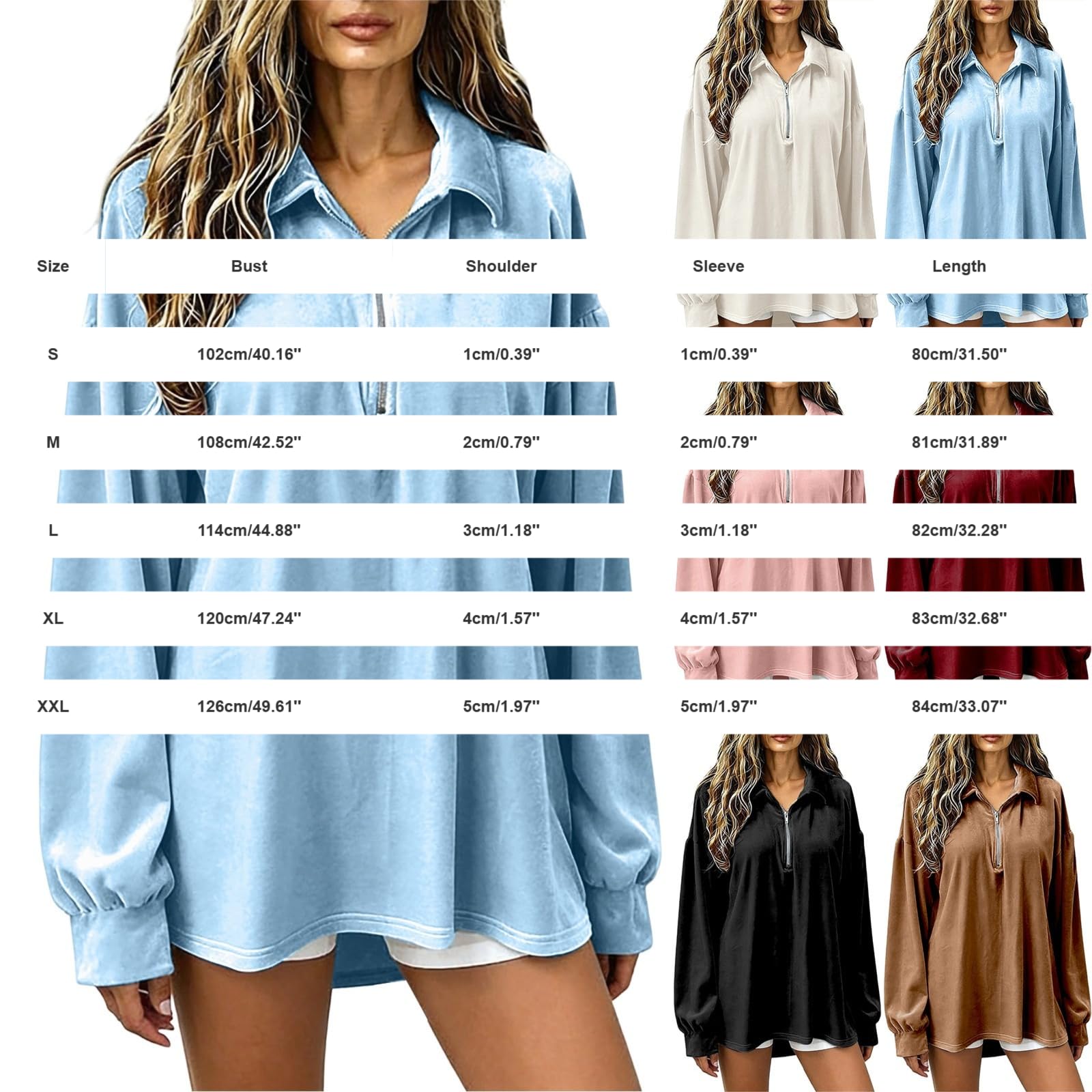 Generisch Damen Langarmshirt Half Zip Kragen Sweatshirt Pullover Top