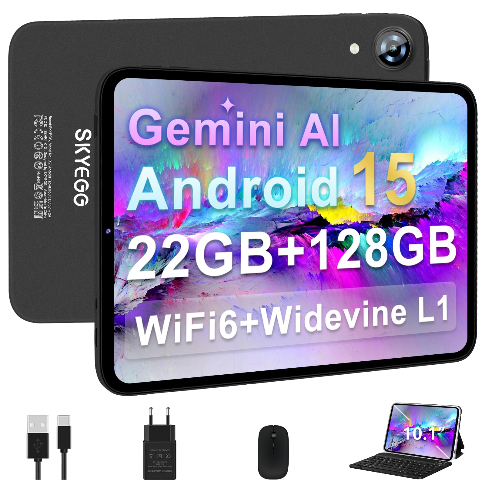 Tablet 10 Pollici Android 15 con Gemini AI, 22GB RAM+ 128GB ROM+2TB Esp., Widevine L1, Octa-Core, WiFi 6, BT 5.0, 6000mAh, Fotocamera 8/5 MP, con Tastiera, Mouse e Custodia, Corpo in Metallo, Grigio