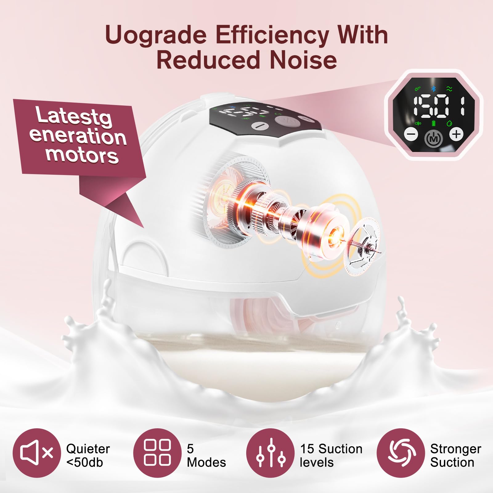 Leche eléctrico de mano libre de 5 modos, 15 niveles, extractor de leche recargable con pantalla LED, portátil, fuerte succión, peso ligero, 24 mm