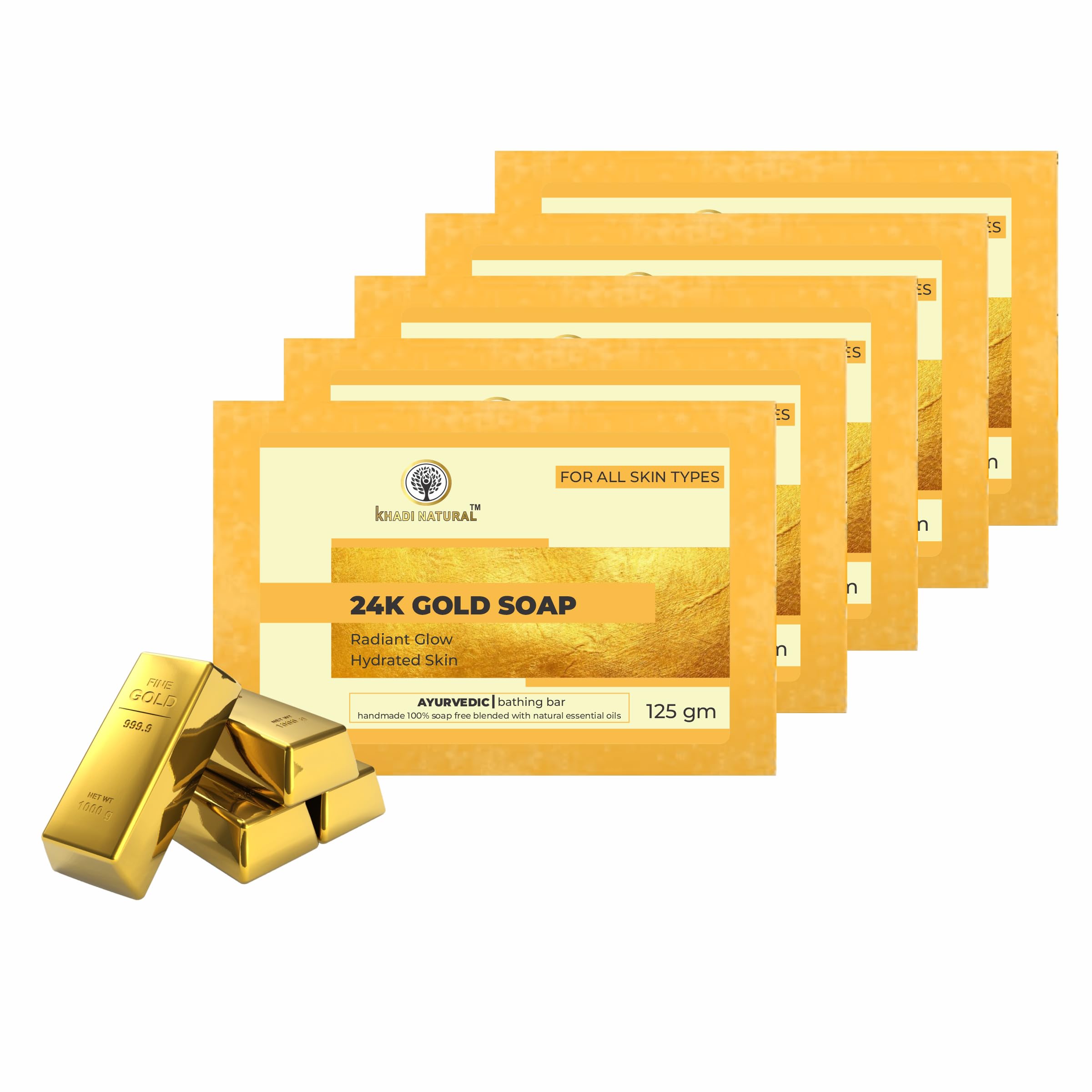Khadi Natural 24k Gold Soap 125g - Luxurious Gold-Infused Skincare Bar (24K Gold, Pack 5)
