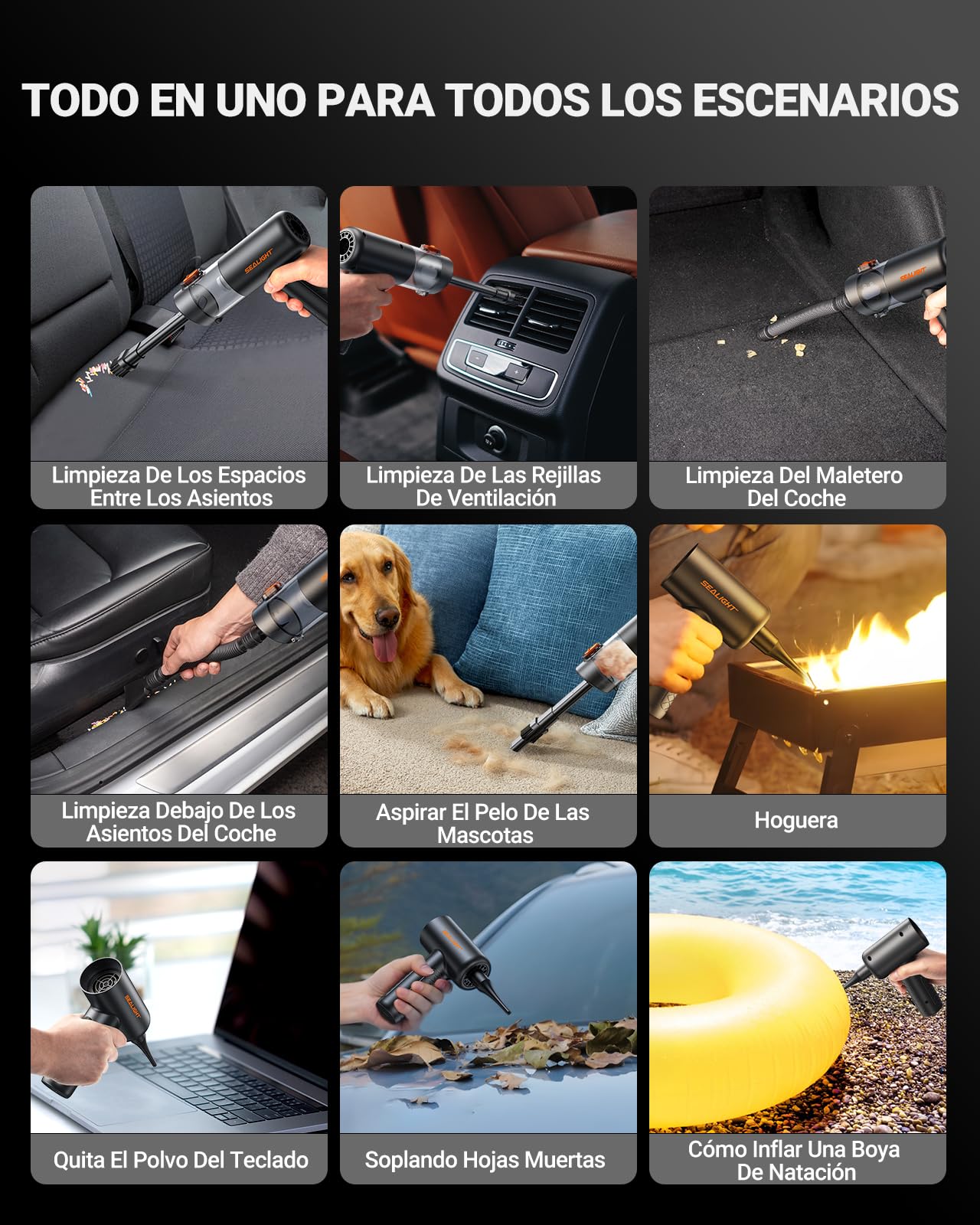 SEALIGHT Aspirador de Mano, 32000PA Aspiradora de Coche, 4 en 1 Aspirador Coche con Motor Sin Escobillas, Aciado Automático de un Toque, Mini Aspiradora Sin Cable para Pelo de Mascotas, Coche, Hogar