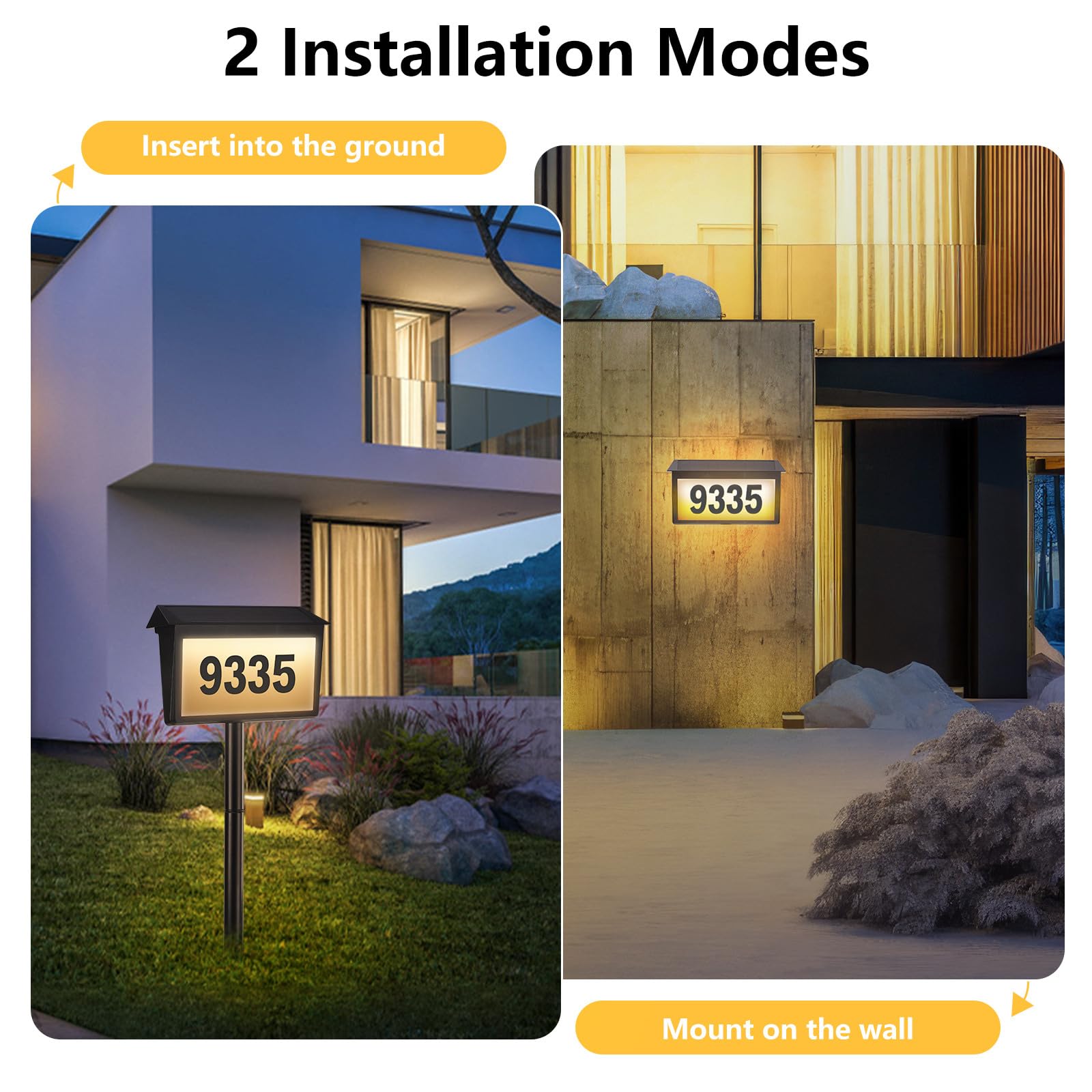 Solar-Hausnummern, Adressschild, Solar-Adressschild für draußen, IP65 wasserdicht, 3 Farben, Temperaturen, LED-beleuchtete Hausnummern, Wandmontage und Boden-Adressnummern für Haus