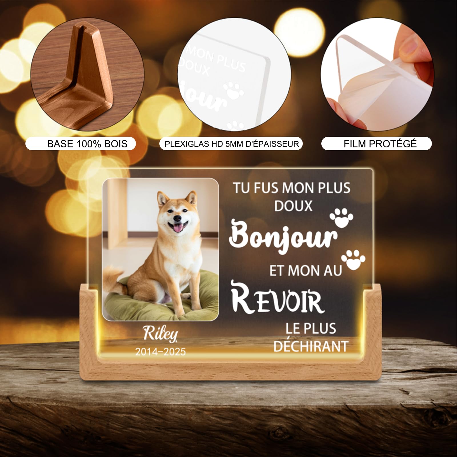Veilleuse Mémoire pour Chien Personnalisée – Lampe LED avec Photo & Nom d'animal, Cœur & Empreintes de Patte, Cadeau de Deuil pour Amoureux des Chiens, Souvenir avec Date (Style D)