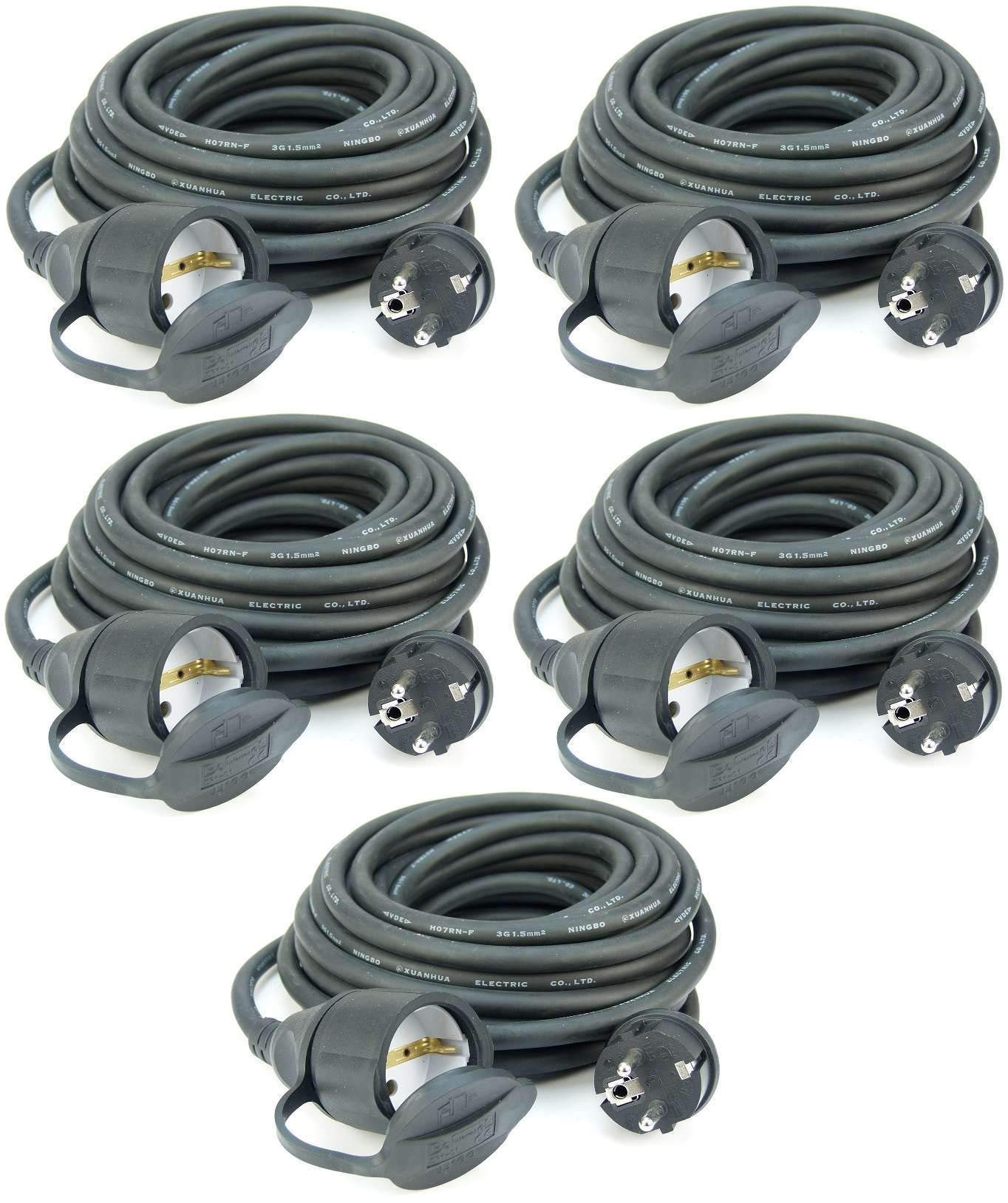 5 x 10,0 m Schuko Baustellen-Verlängerungskabel IP44 H07RN-F 3G1,5, schwarz (für den Außenbereich und den Einsatz auf Baustellen) (5, 10 m Verlängerungskabel IP 44)