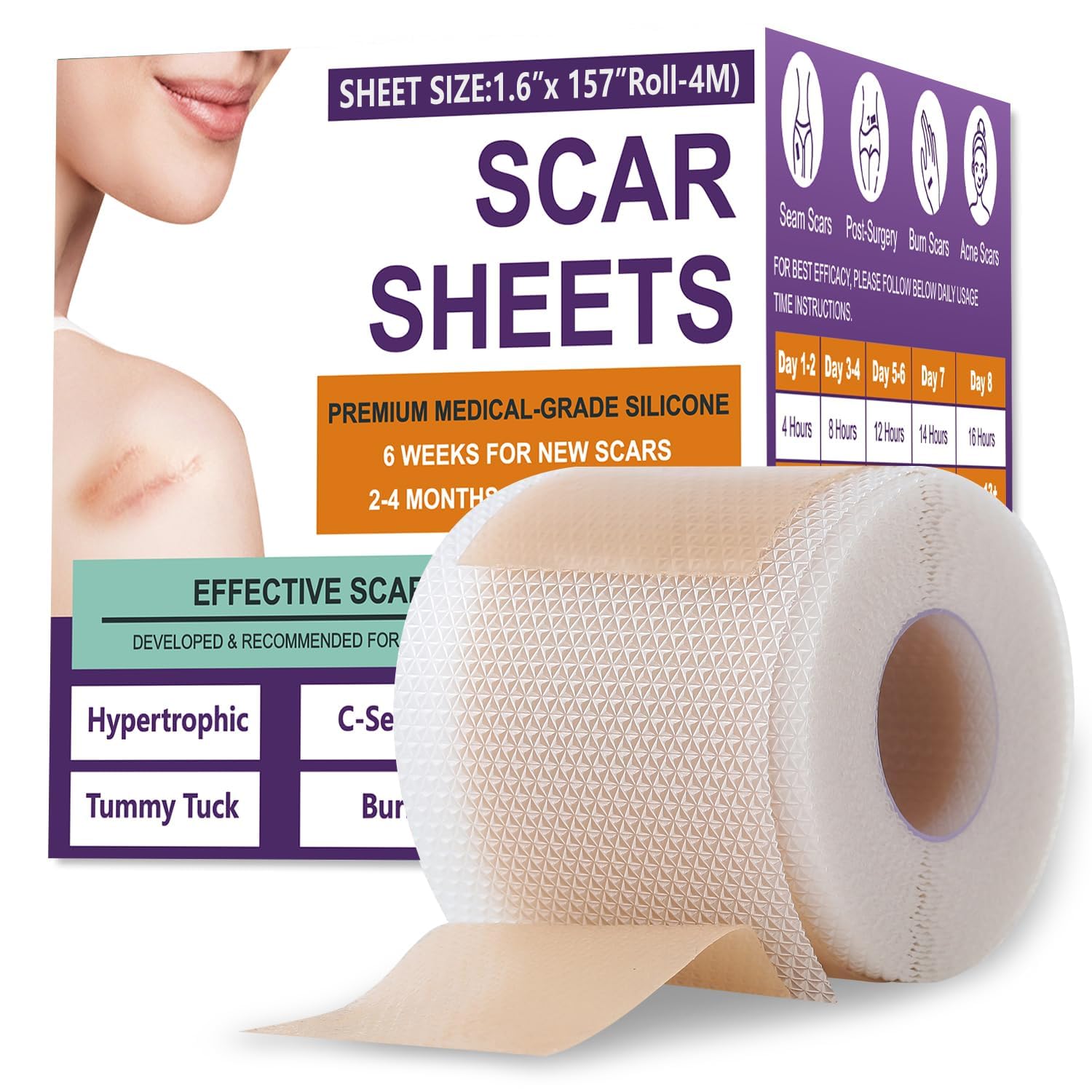 Silicone Scar Sheets,Silicone Scar Tape,Silicone Scar Removal Strips for Surgical,C-Section,Tummy Tuck,Keloid Scars (1.6"X 157" Roll-4M) Keloid Bump Removal
