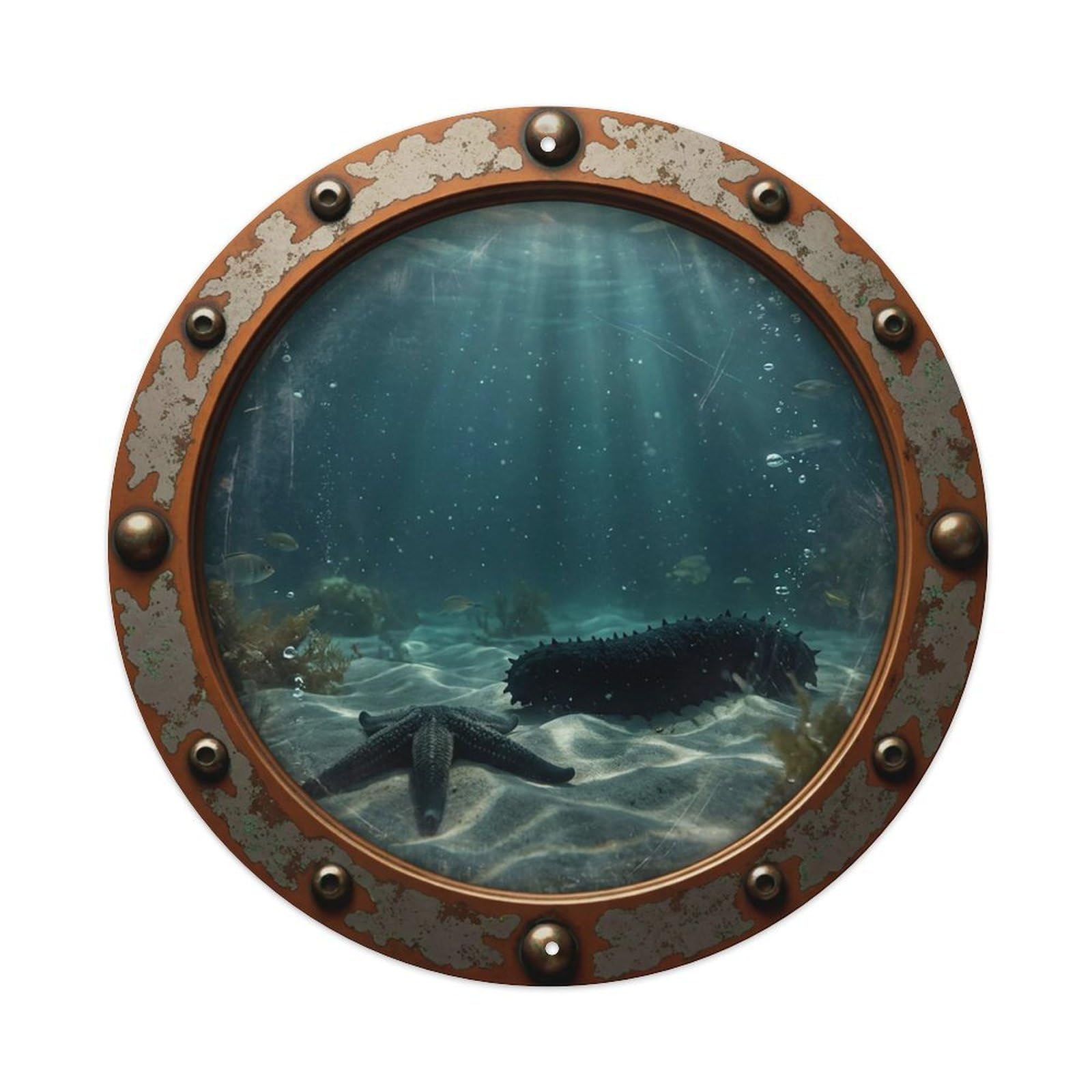 Cwbufd Vintage Style Vintage Porthole Black Sea Cucumber Nautical Window View Vintage Metal Tin Sign Plaque Wall Decor For Cafe, Club Bar, Office, Garden Metal Poster 8X8inch