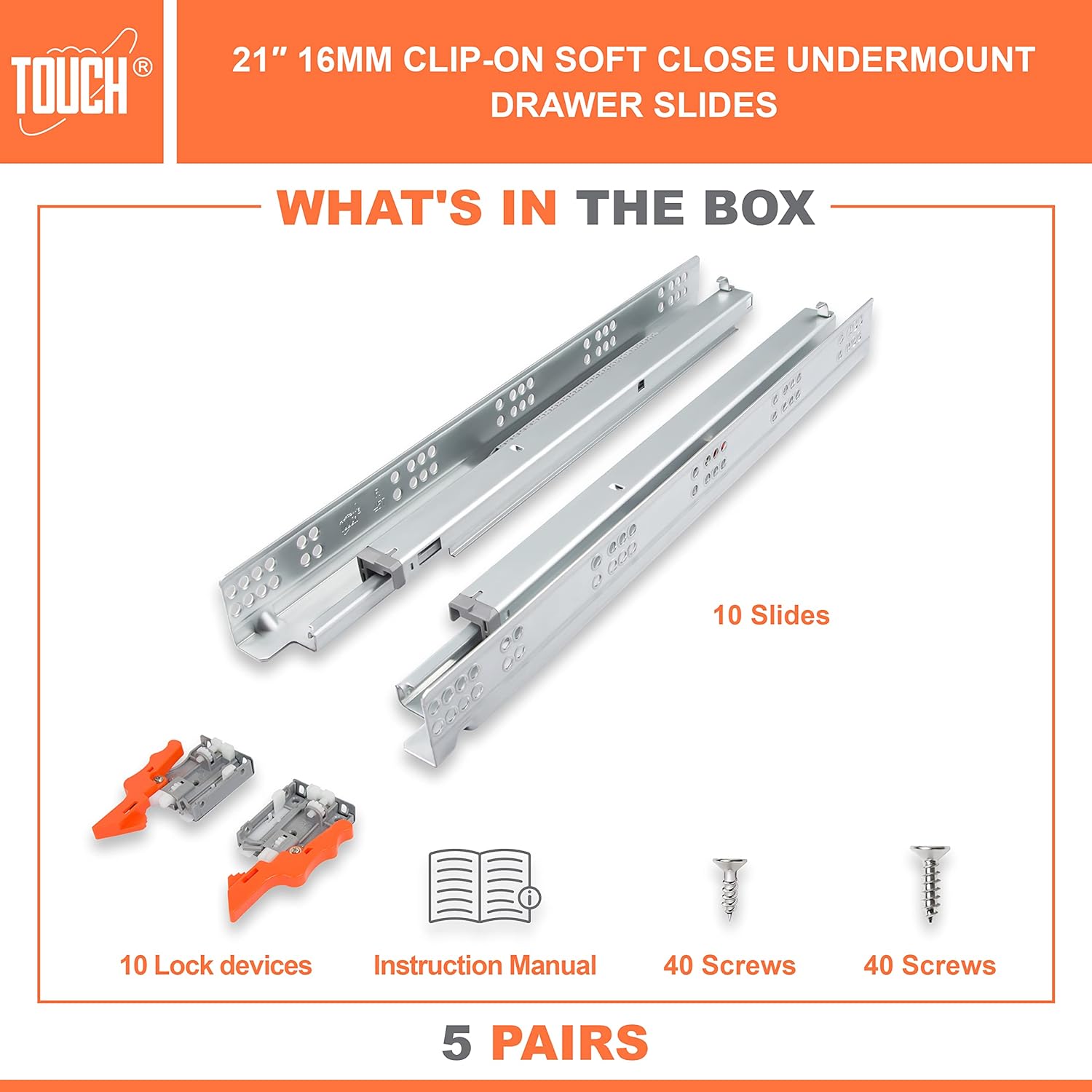 Contents of the TOUCH Undermount Drawer Slides package
