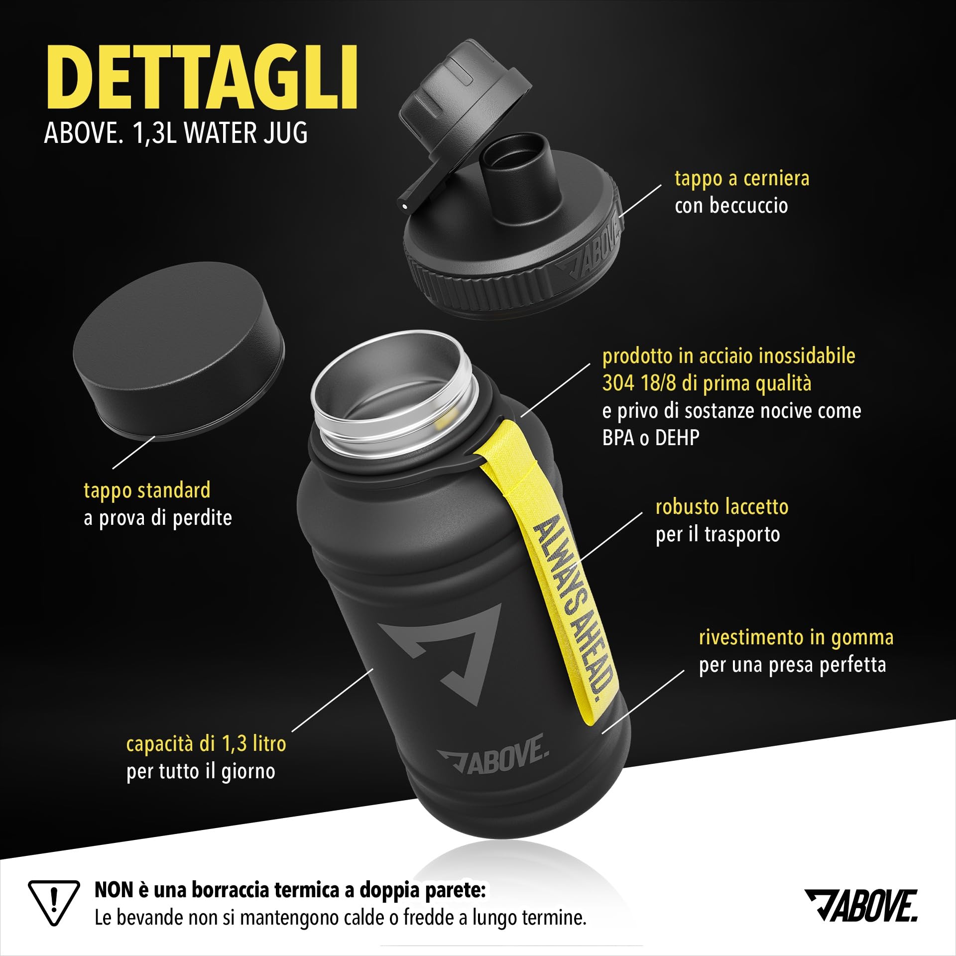 ABOVE. Stainless Steel Water Bottle 1.3L / 2.2L - BPA Free, Robust and Leak Proof - with 2 Caps Included for Fitness, Sports and Outdoor - Non-Thermal (1.3L Black) - 5