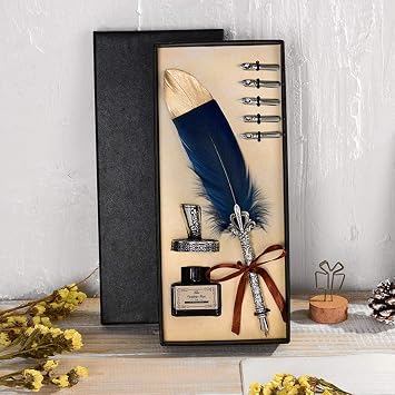 Handmade Quill Feather Pen Set - Antique Calligraphy Writing Quill with Ink, Feather Pen with Steel Tips - 6 Replacement Nibs (Navy Blue)