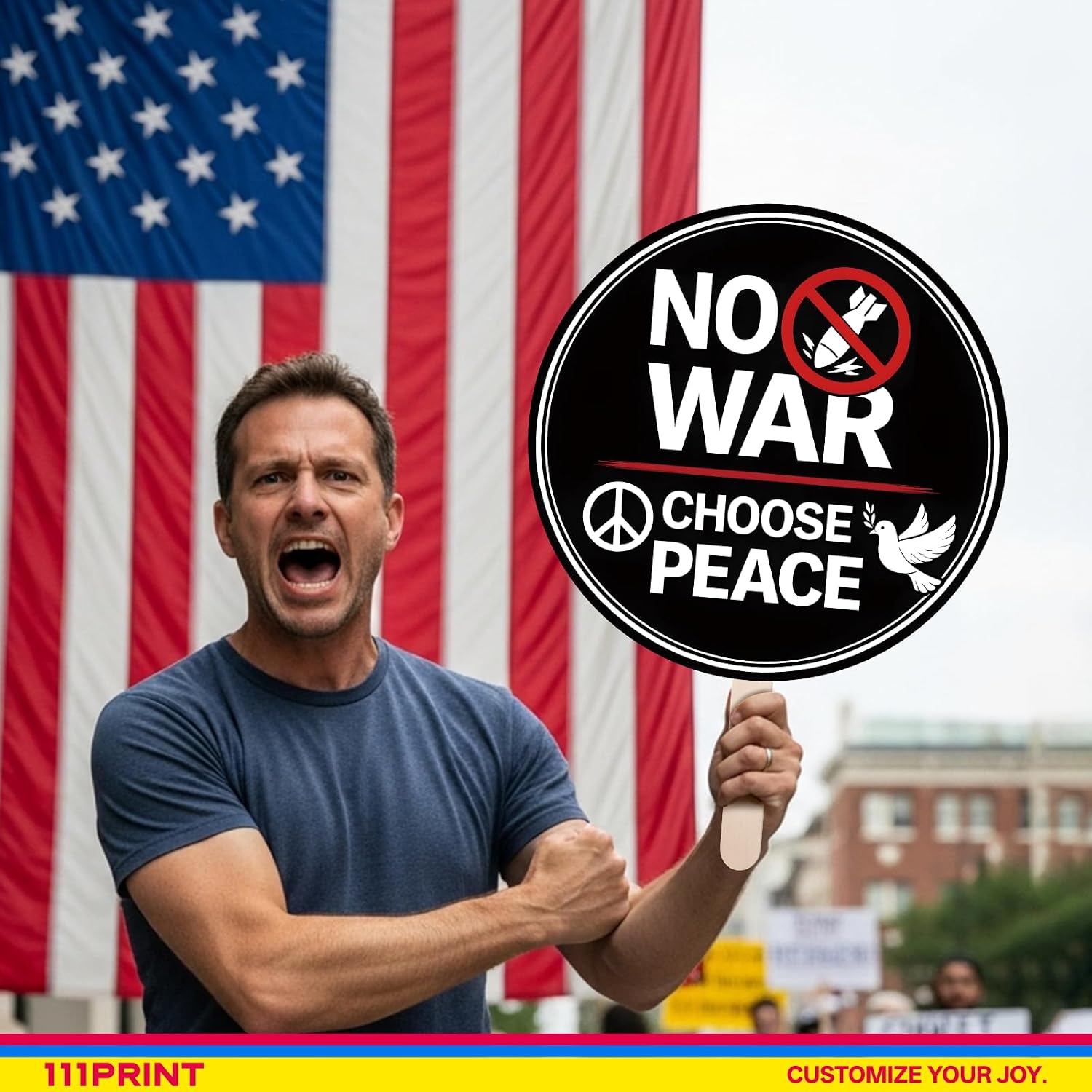 No War Protest Sign on Stick – 24 Inch Round Rally Sign for Marches, Demonstrations, and Events