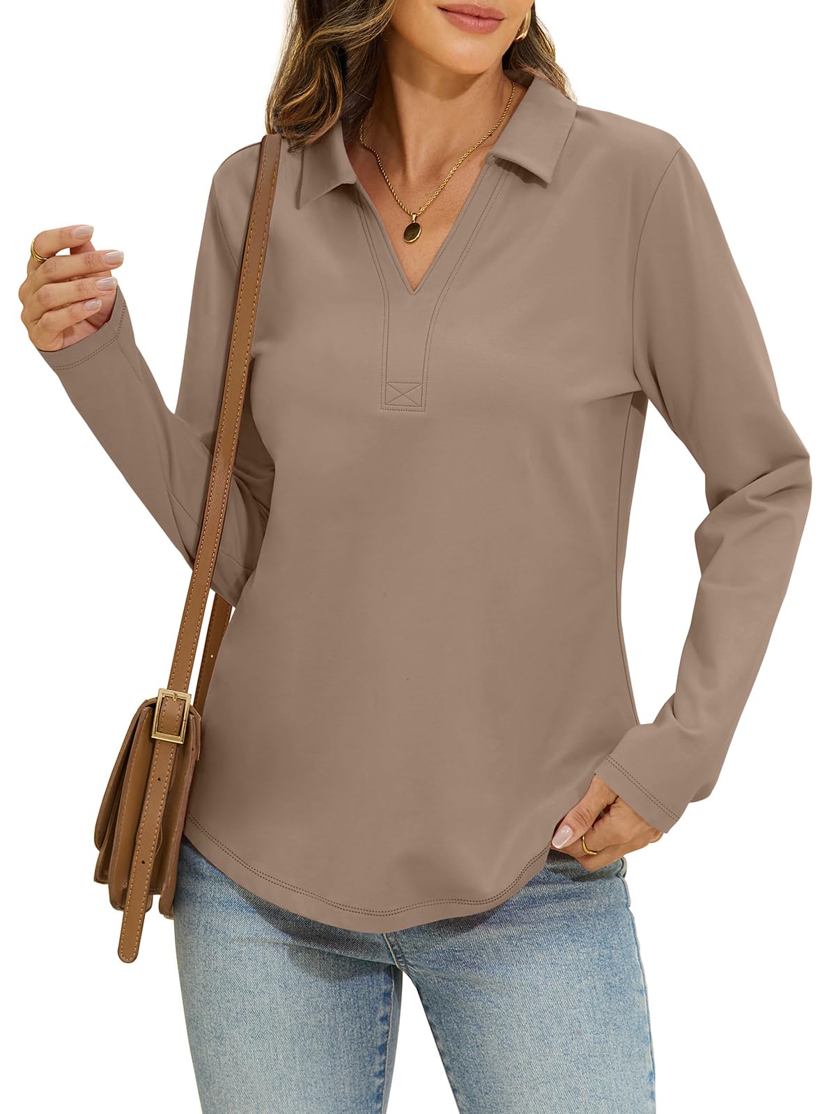 easygala Womens Cotton Long Sleeve Polo Shirts Casual V Neck Collared Tops Loose Fit Work Blouses Spring Outfits 2026-picture-45