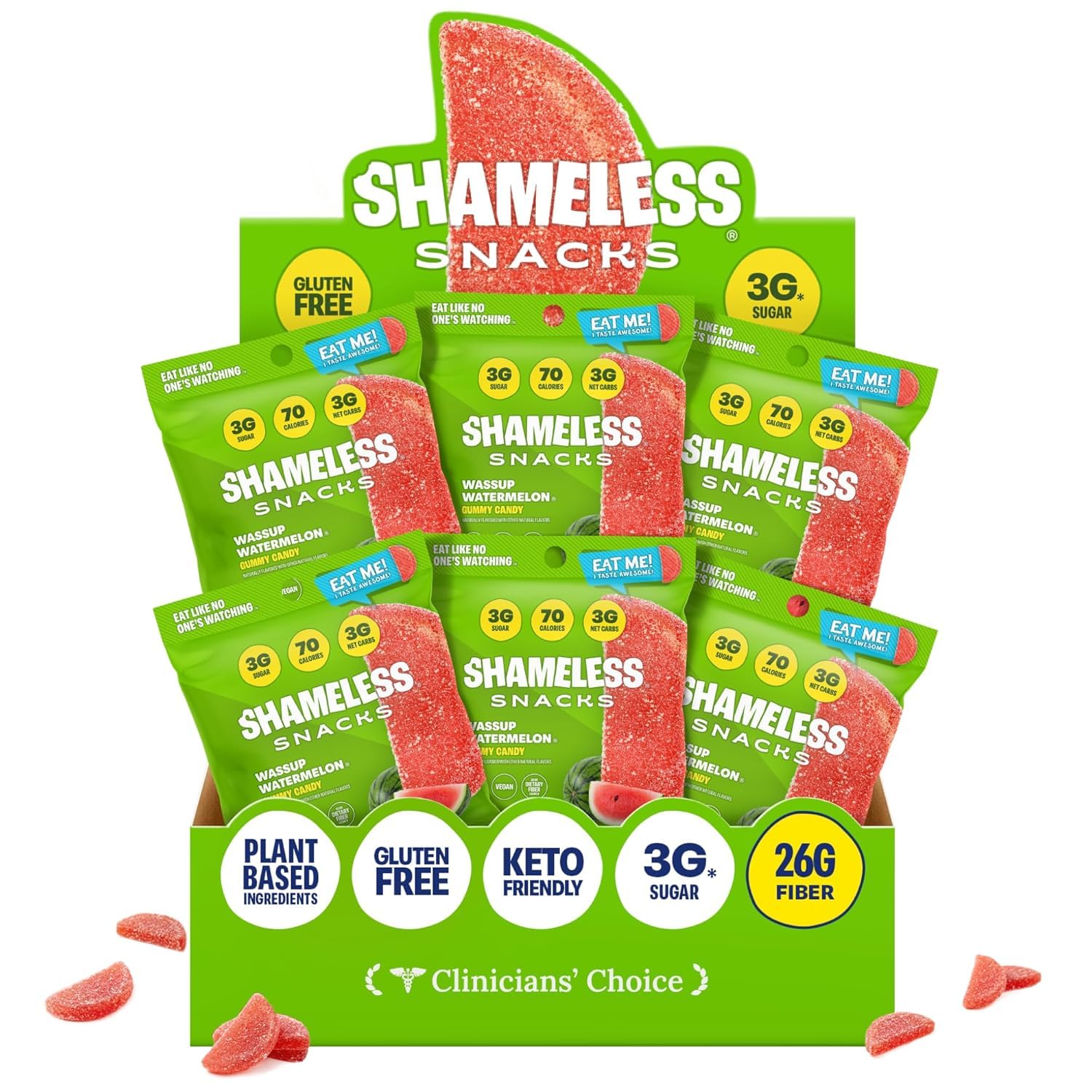 Shameless Snacks Wassup Watermelon Candy - Fruit Snacks & Gummy Candy, Sour Gummy Worms with 3g Sugar, Keto Snacks, Gluten Free Vegan Dye Free Candy in Bulk Low Carb for Adults, 6 Bags