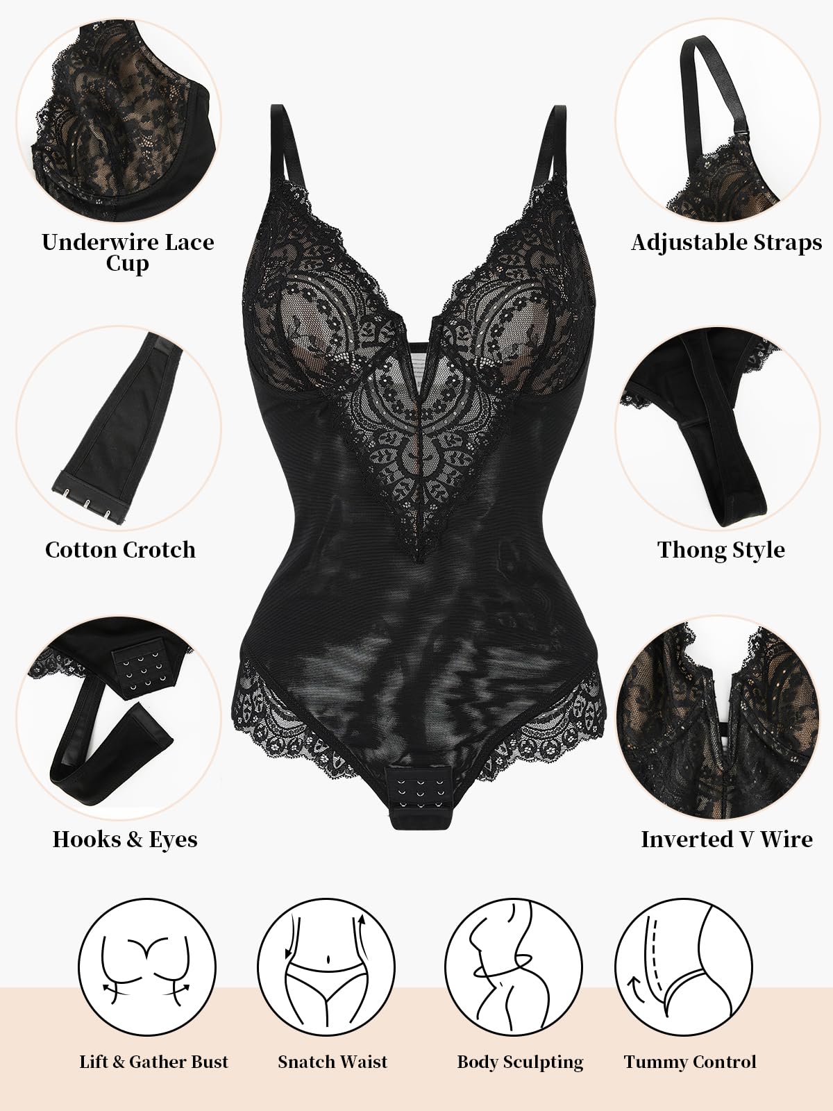 SHAPERIN Body Sculptant Femme Gainant Amincissante Ventre Plat Body String Dentelle Shapewear Bodysuit Tops