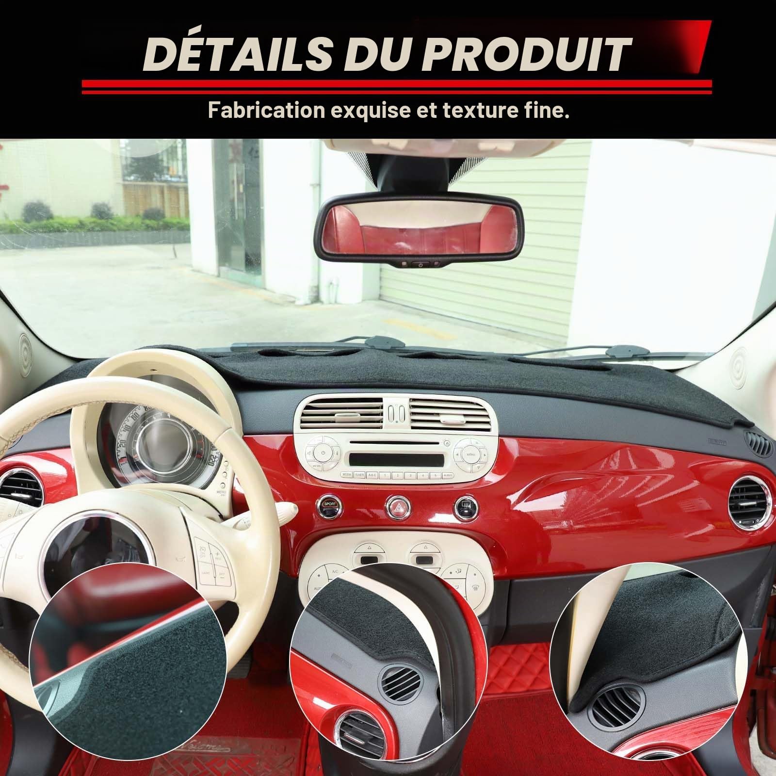 Housse de tableau de bord compatible avec Fiat 500 2008-2023, revêtement intérieur pour tableau de bord de voiture, antidérapant, anti-UV, protection solaire (noir, avec conduite à gauche)
