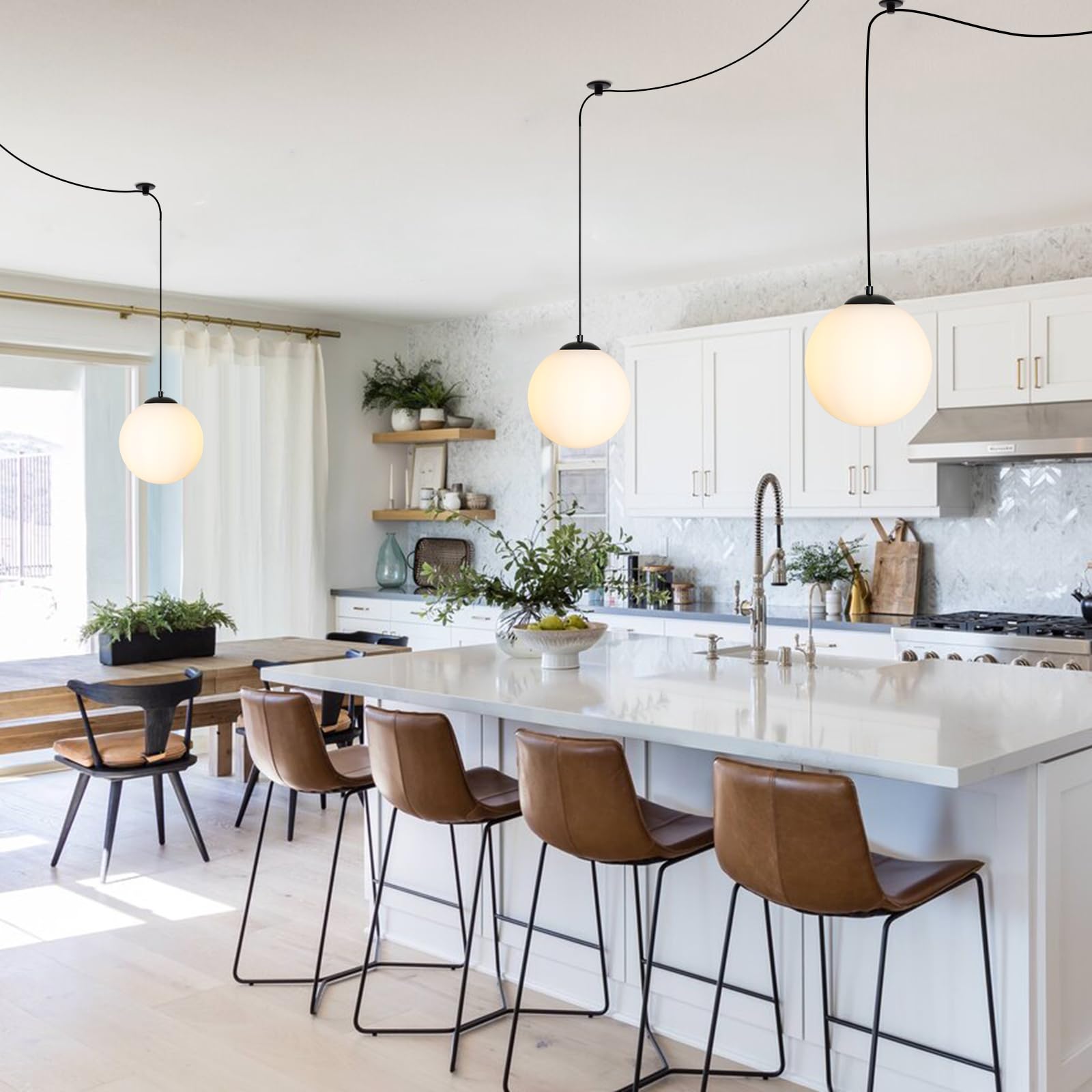 Luces colgantes con forma de globo – Lámpara negra de mediados de siglo con vidrio de leche, lámpara de techo moderna, lámpara colgante grande para cocina, dormitorio, sala de estar, comedor, 3