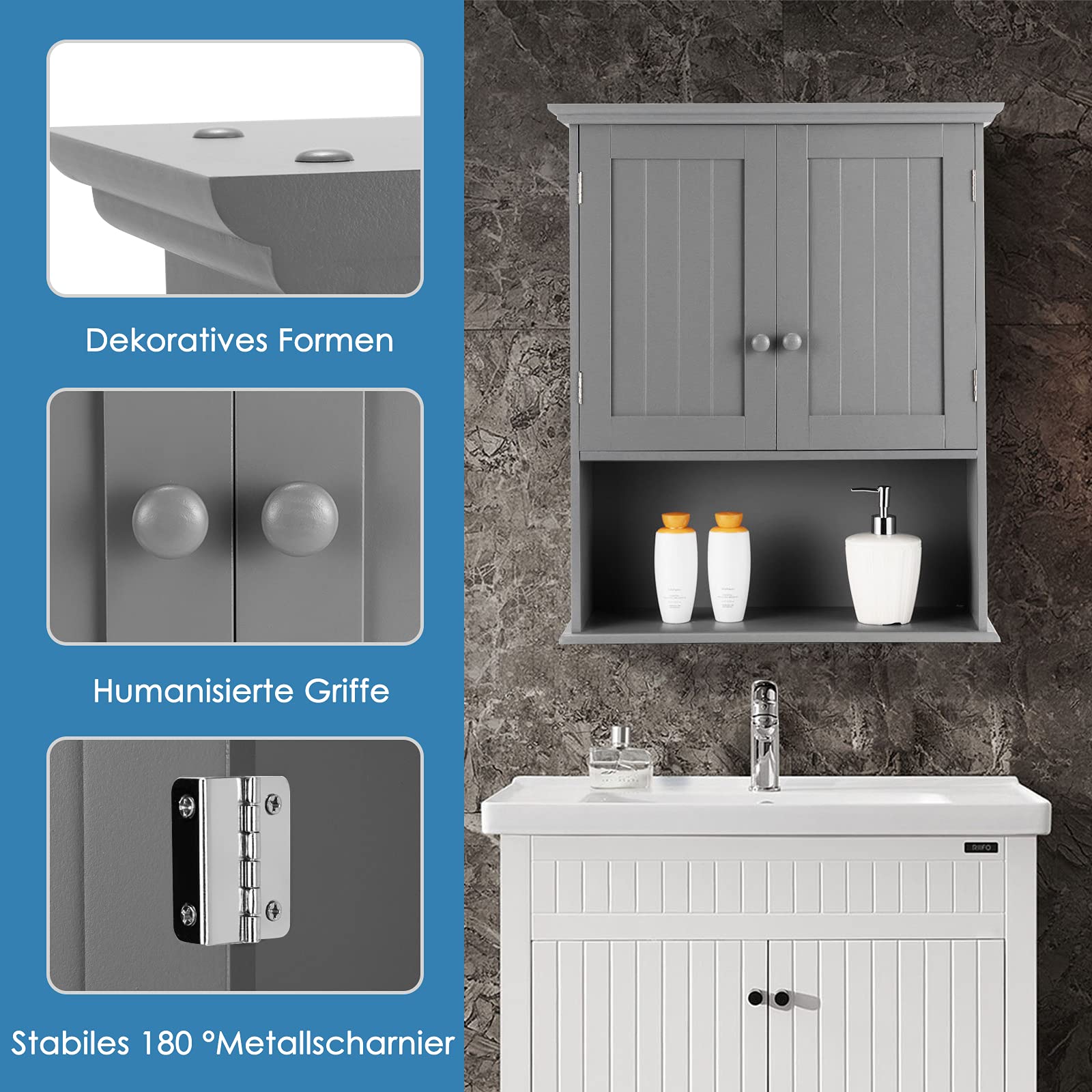 COSTWAY Hängeschrank Medizinschrank, Wandschrank mit Doppeltür, Badschrank Küchenschrank Unterschrank mit Einstellbarer Ablage, Schrank für Badezimmer Küche Eingangsbereich (Grau)