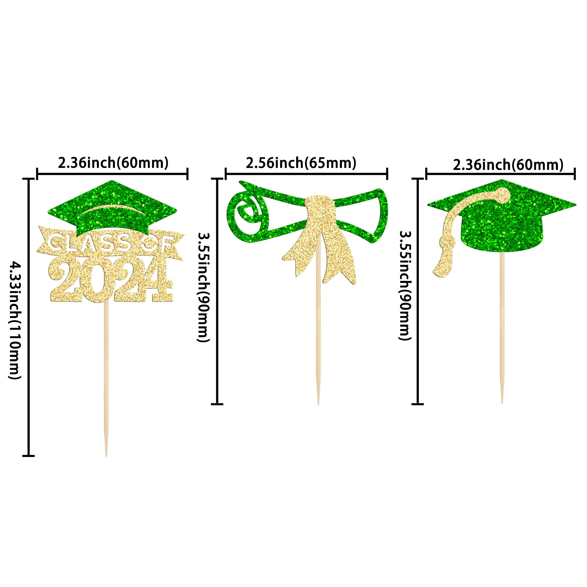 Gyufise 24Pcs 2026 Graduation Theme Cupcake Toppers Glitter Diploma Graduation Cap Class of 2026 Cupcake Picks for 2026 Graduation Theme Party Cake Decorations Supplies Gold Green - Image 2