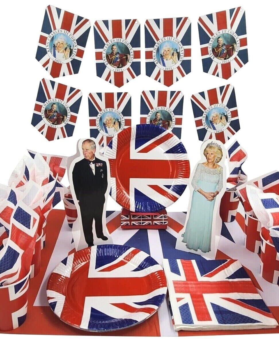 evelay Union Jack Bunting Napkins Plates Cups Tablecloth 32 Person Party Set for King Charles VE day 2026 anniversary
