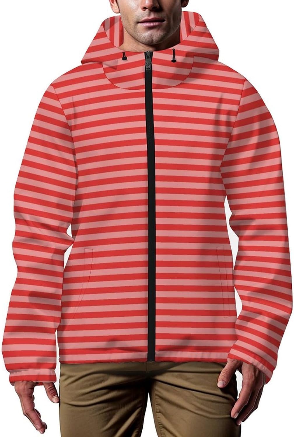Red And Black Wavy Stripes Men's Windbreaker Jacket Lightweight Hooded Windbreaker Coat with Pockets