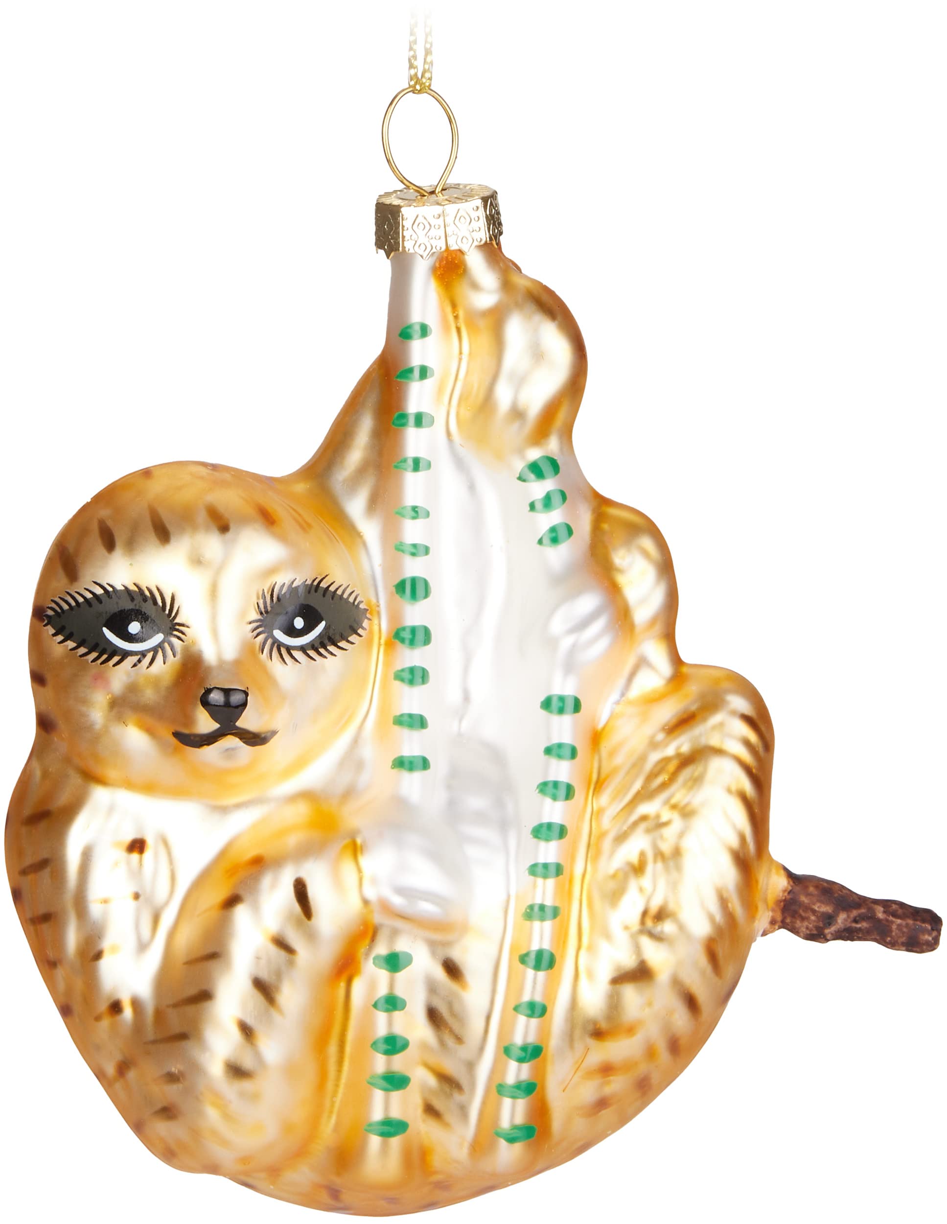 BRUBAKER Golden Sloth - Hand-Painted Glass Christmas Bauble - Mouth-Blown Christmas Tree Decoration Figures Funny Decoration Pendant Tree Ball - 4.3 Inches (10.8 cm)