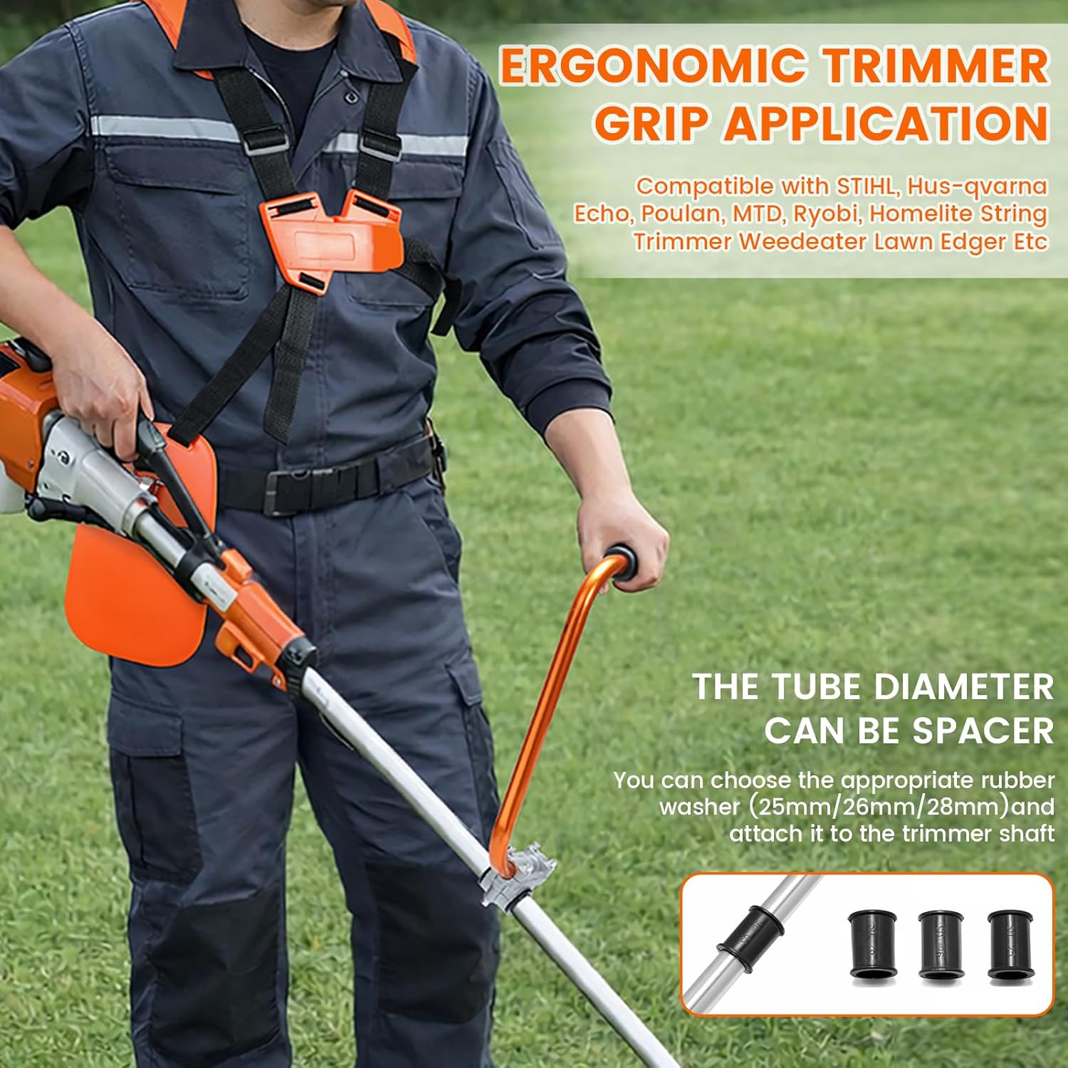 Weed Eater Ergonomic Back Saver Handle Extension with Double Shoulder Strap Harness for Stihl Husqvarna Echo Troy Bilt Ryobi String Trimmer Leaf Blower (Orange)