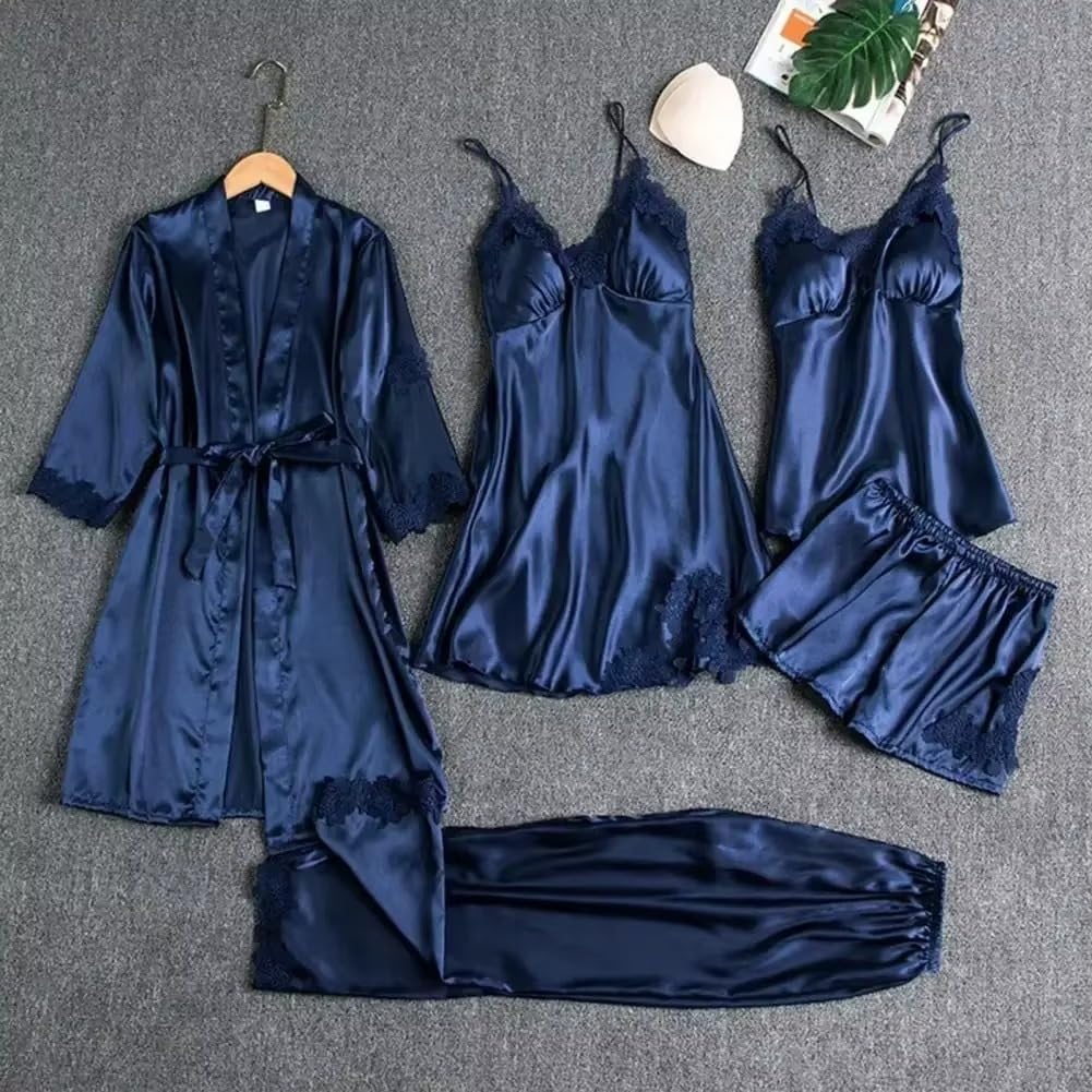 Women's 5-Piece Satin Pajama Set, Lace Robe, Nightdress