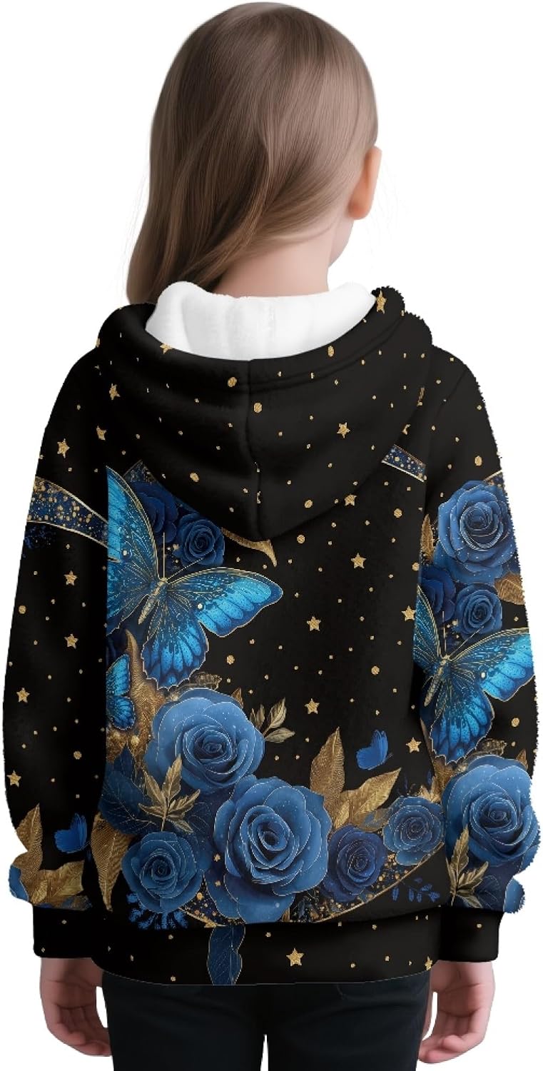 AmzPrint Toddler Girl Quarter Zip Fleece Hoodie Long Sleeve Pullover Basic Jogger Blue Roses Butterfly Stars Print Black Pullover Hoodies For Big Girls