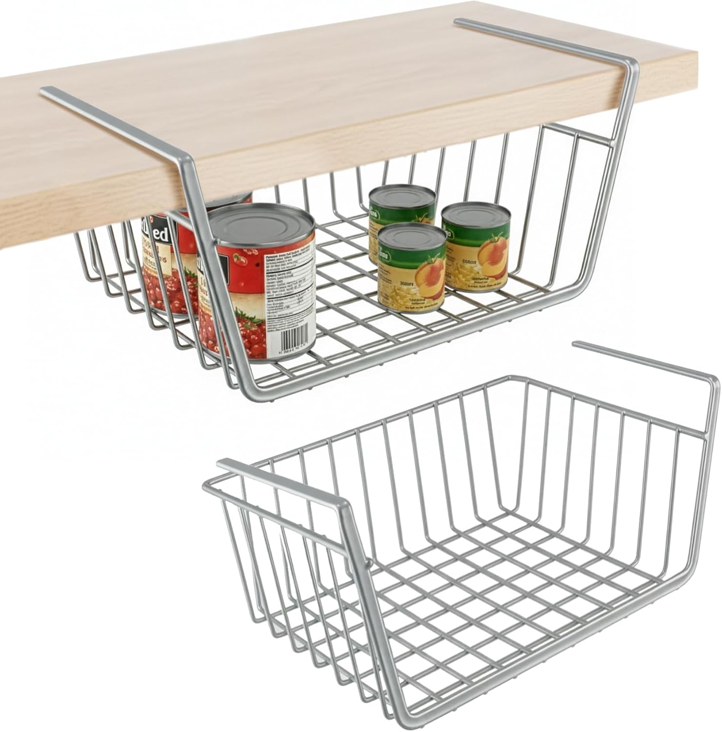 DecorRack 2 Pack Under Shelf Silver Basket, Space-Saving Household Organizer, Storage for Kitchen, Closet, Pantry, Office, Bookshelf, Wire Metal Shelf Organizer Slides Under Shelves, Cabinet (2 Pack)